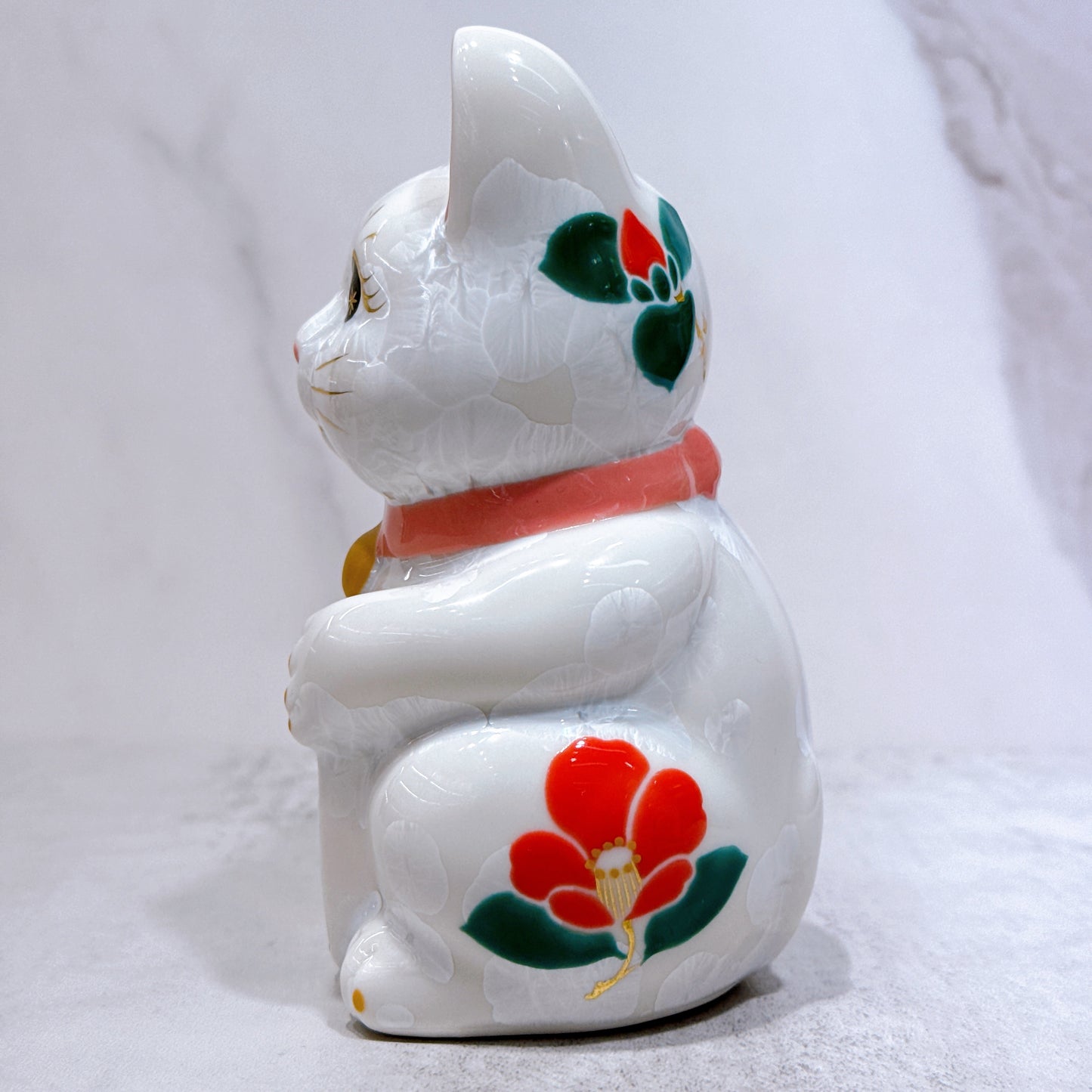 日本清水燒招財貓 花結晶 白 体花 招福 右
