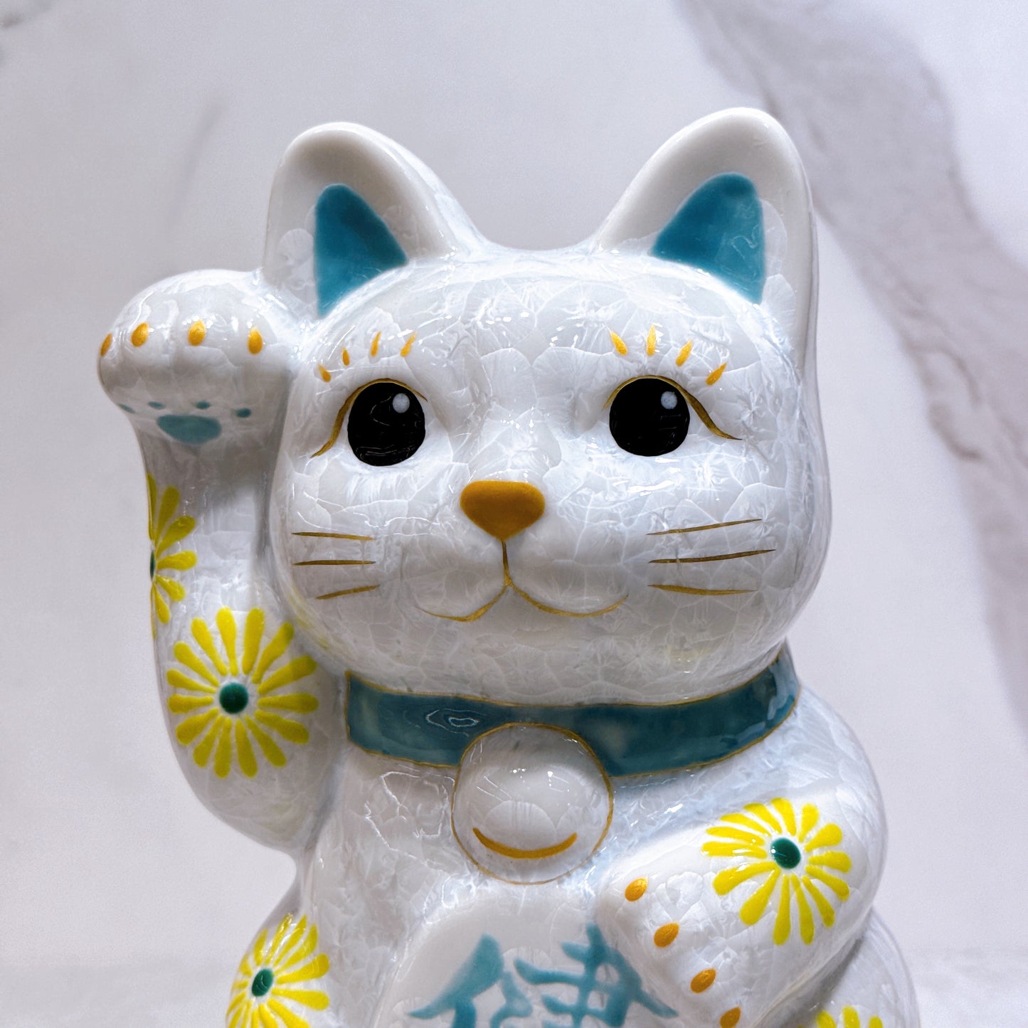 日本清水燒招財貓 花結晶 白 健康 特大 右