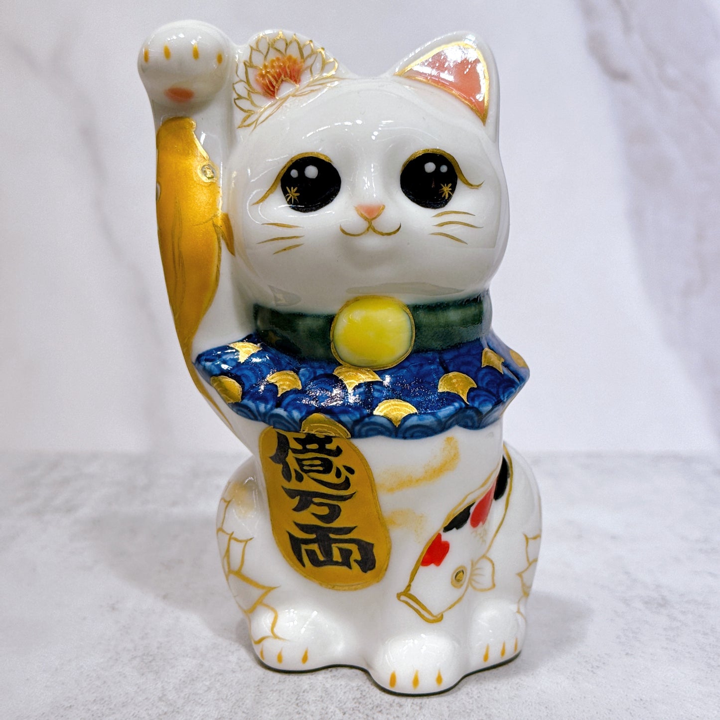 日本清水燒招財貓 色繪 鯉