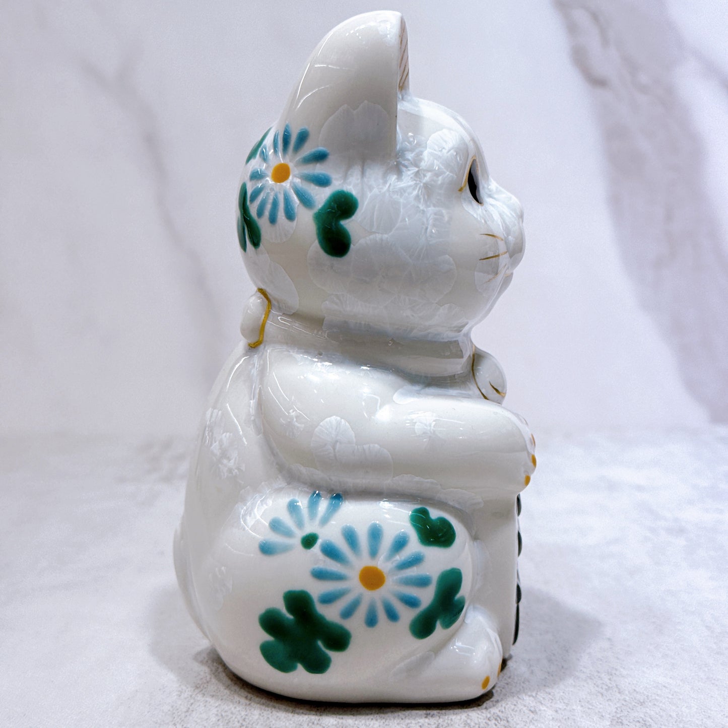日本清水燒招財貓 花結晶 白 体花 千万両 左