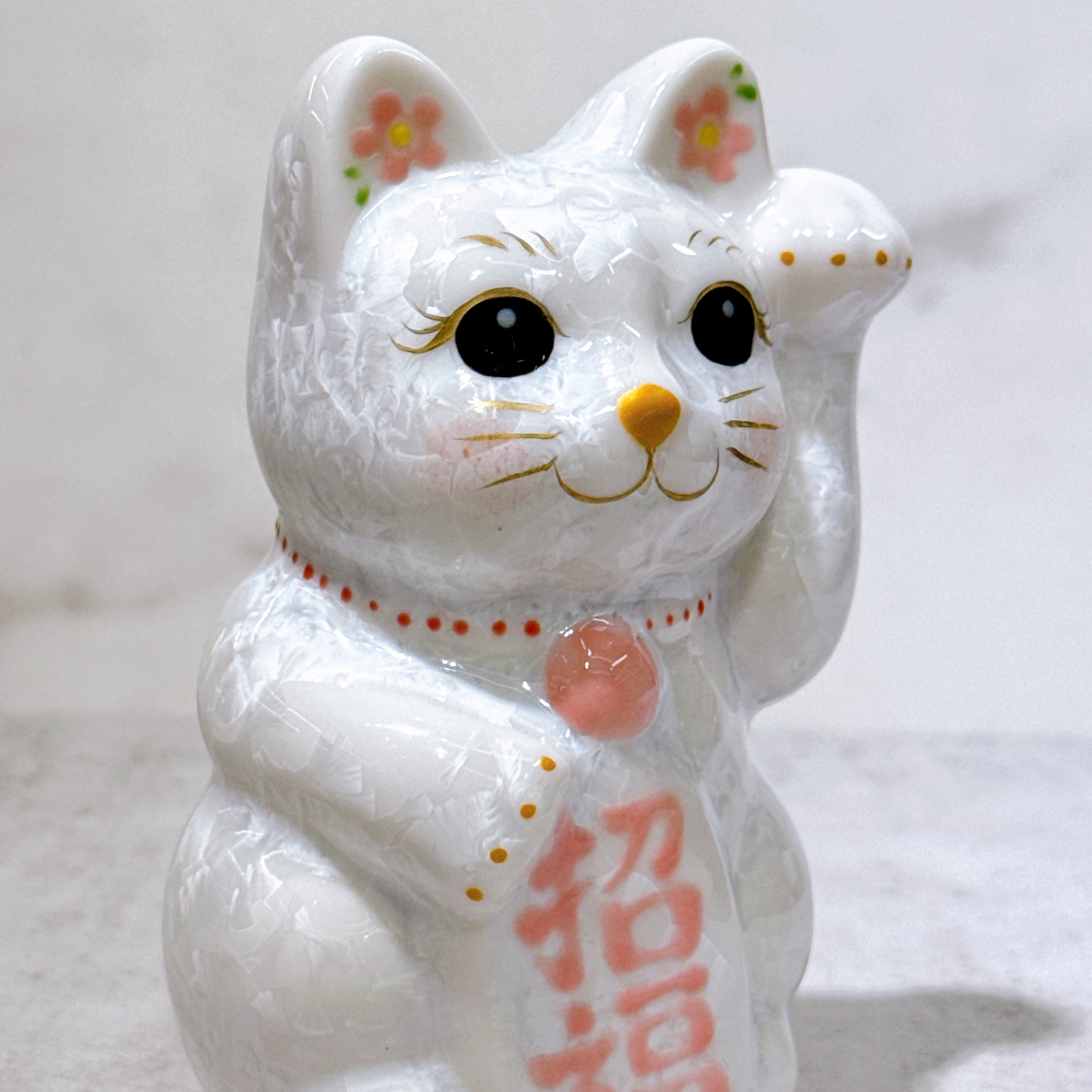 日本清水燒招財貓 花結晶 白 招福 左 特小