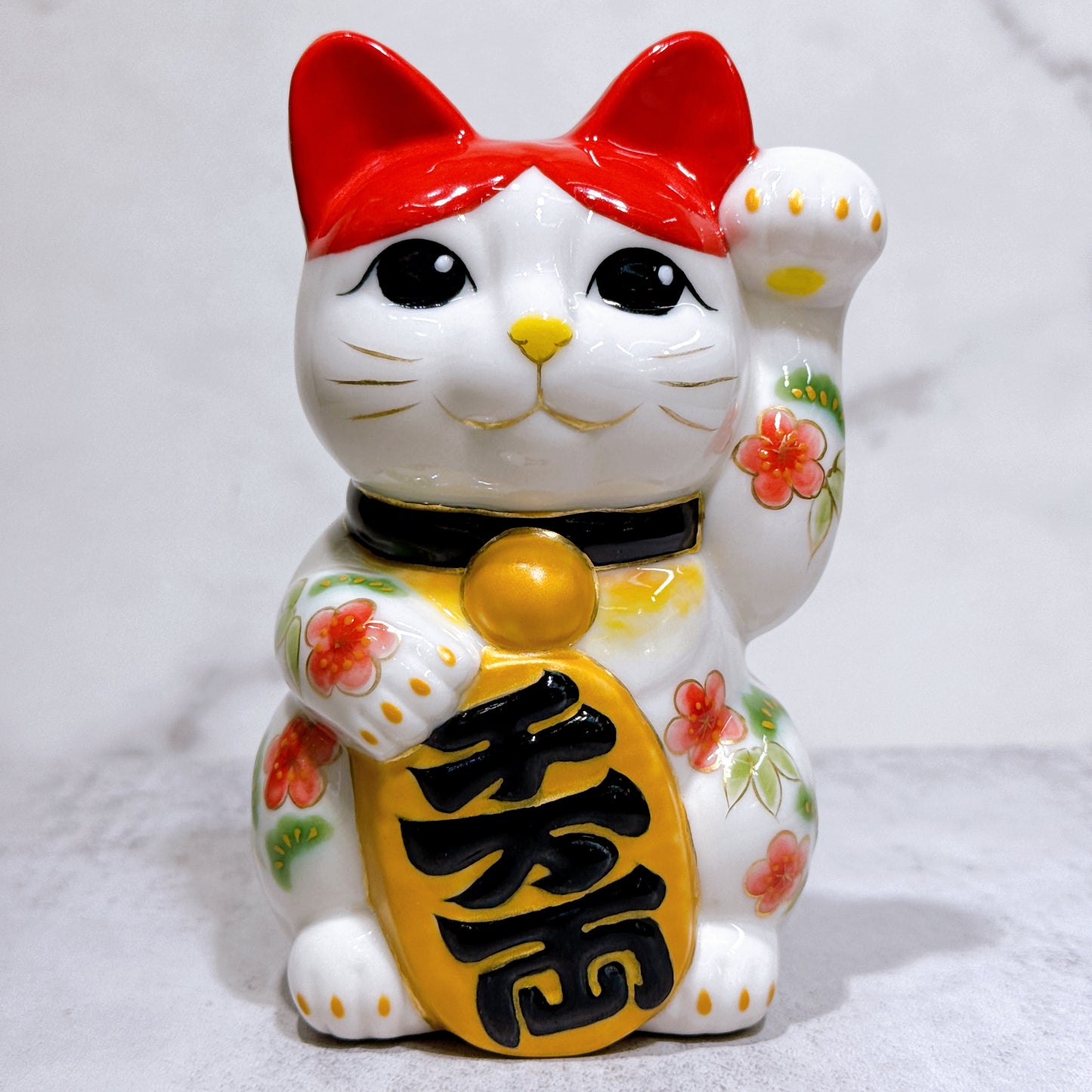 日本清水烧招财猫 色绘 鹤