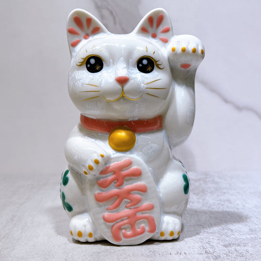 日本清水燒招財貓 花結晶 白 体花 千万両 左
