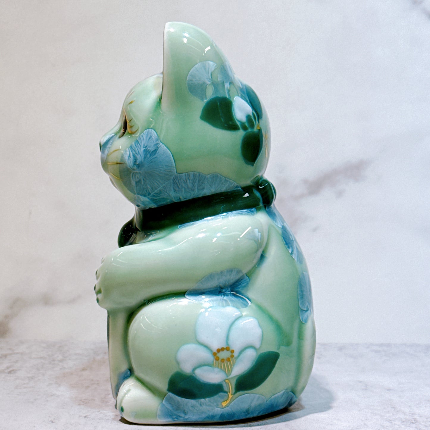 日本清水燒招財貓 花結晶 綠 招福 体花 右