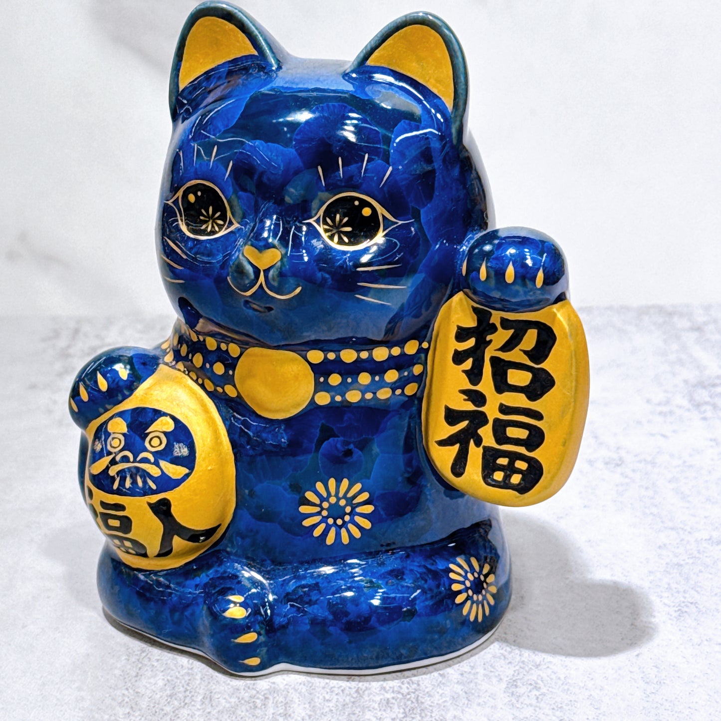 日本清水燒招財貓 達摩 花結晶 青墨 招福