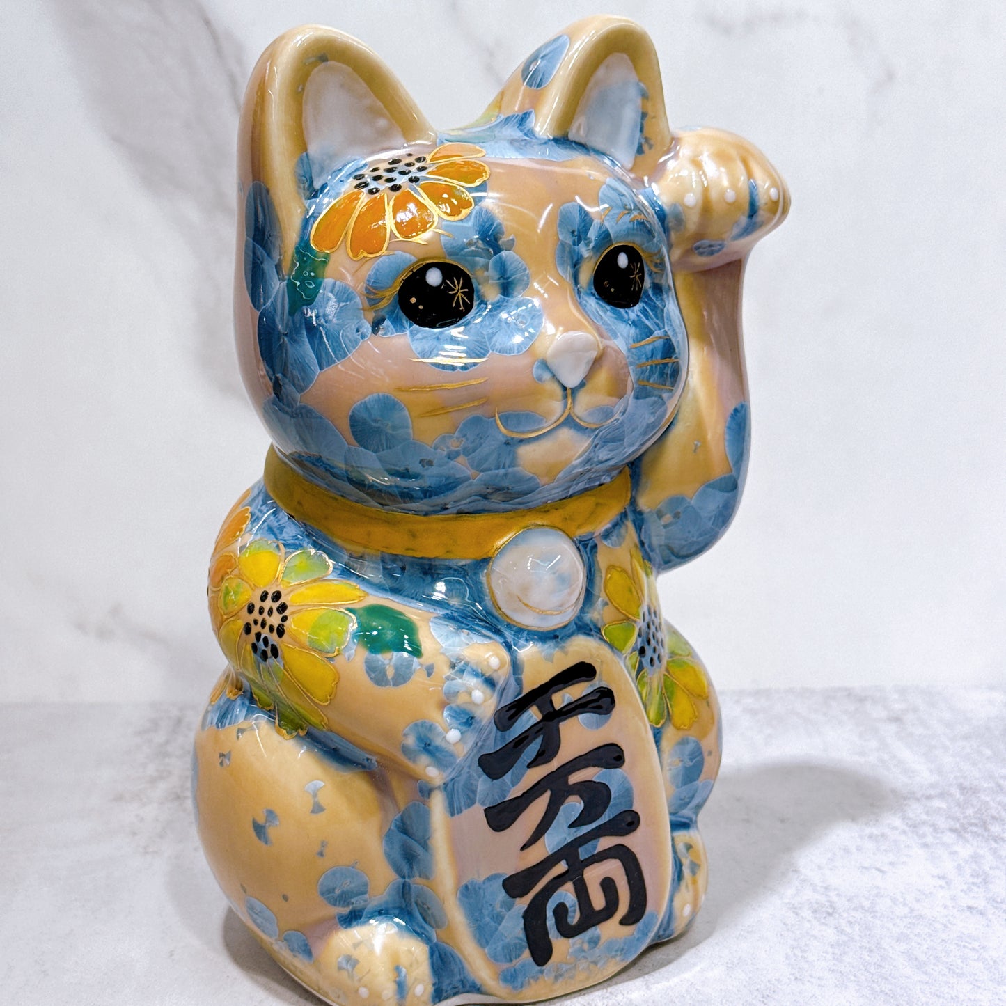 日本清水燒招財貓 花結晶 灰青 億万両 体花 特大 左