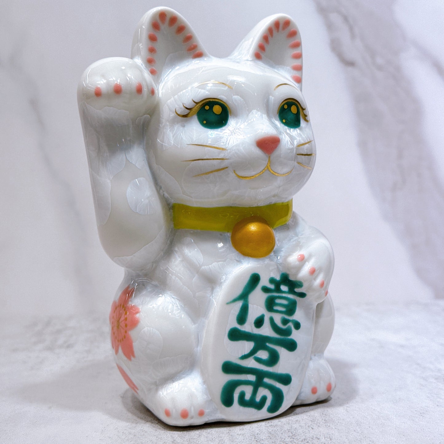 日本清水燒招財貓 花結晶 白 体花 億万両 右