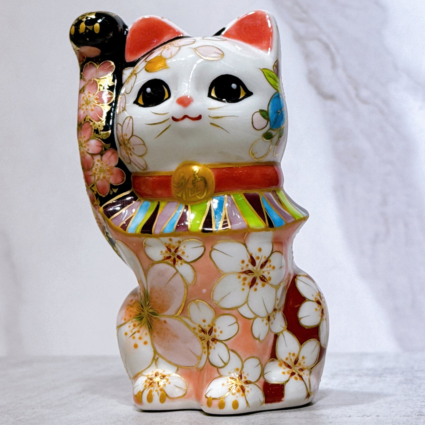 日本清水燒招財貓 色繪 金彩櫻