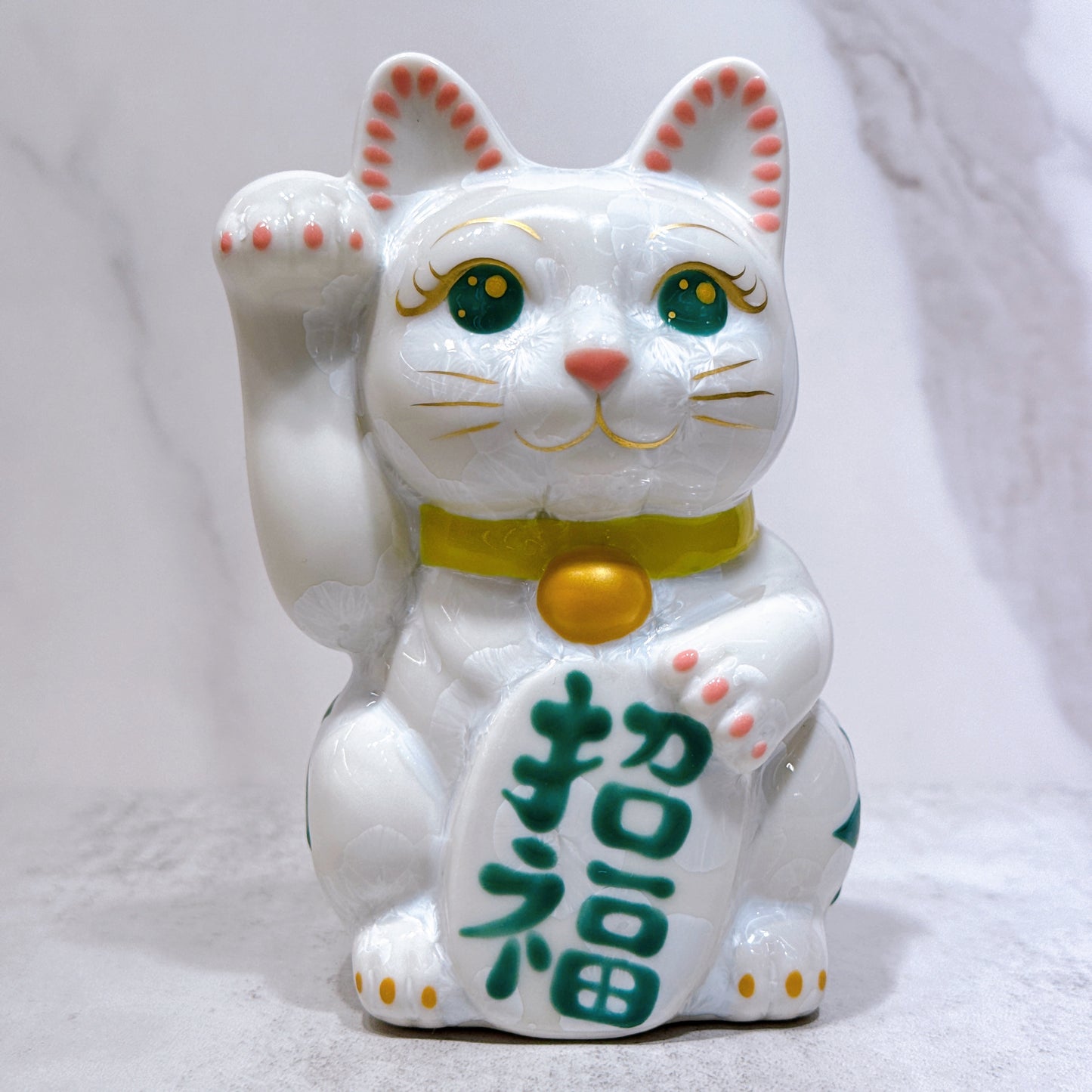 日本清水燒招財貓 花結晶 白 体花 招福 右
