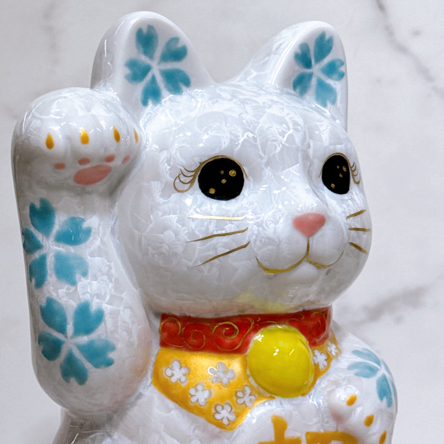 日本清水燒招財貓 花結晶 桃白 体花 特大 右