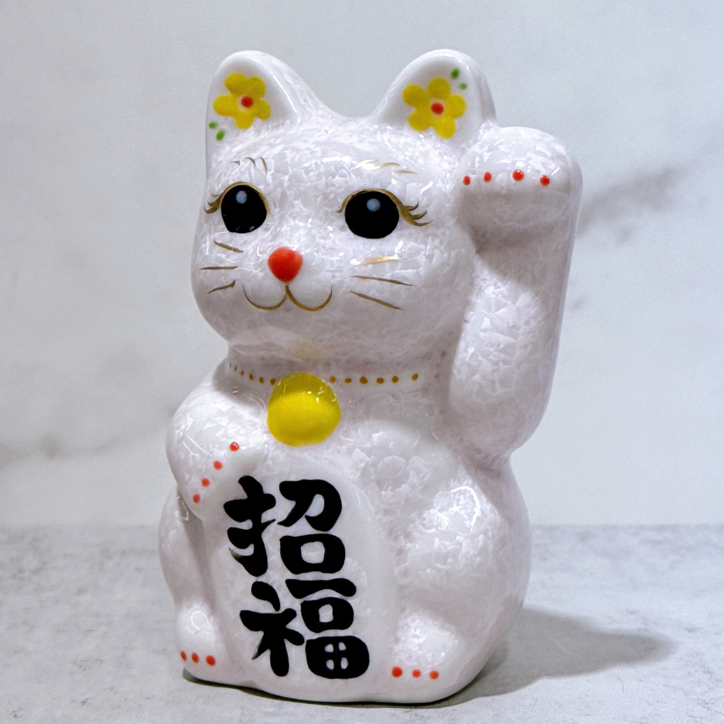 日本清水燒招財貓 花結晶 桃 招福 左 特小