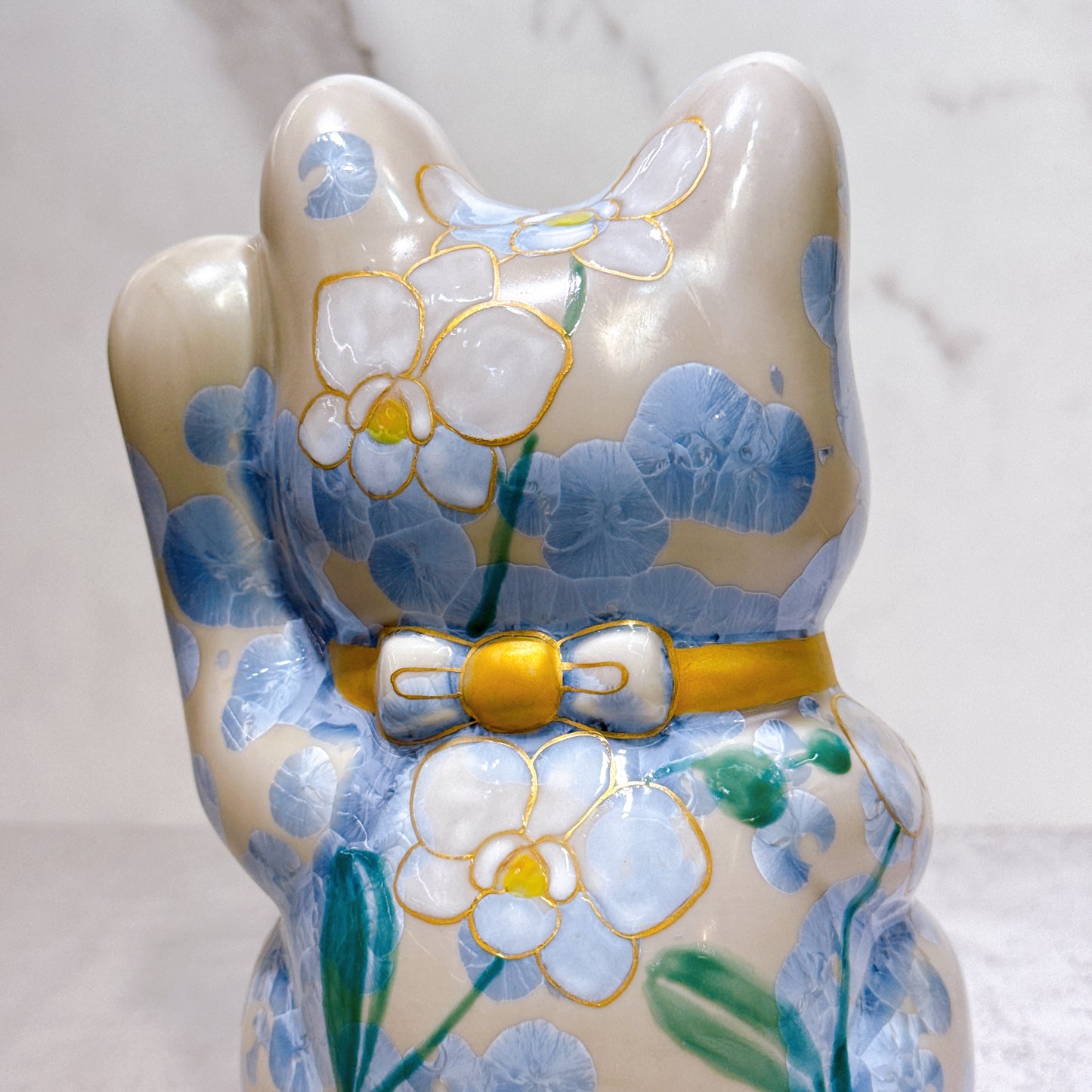 日本清水燒招財貓 花結晶 銀藤 億万両 体花 特大 左