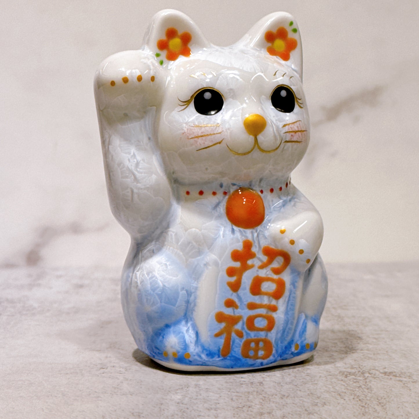 日本清水燒招財貓 花結晶 青白 右 特小