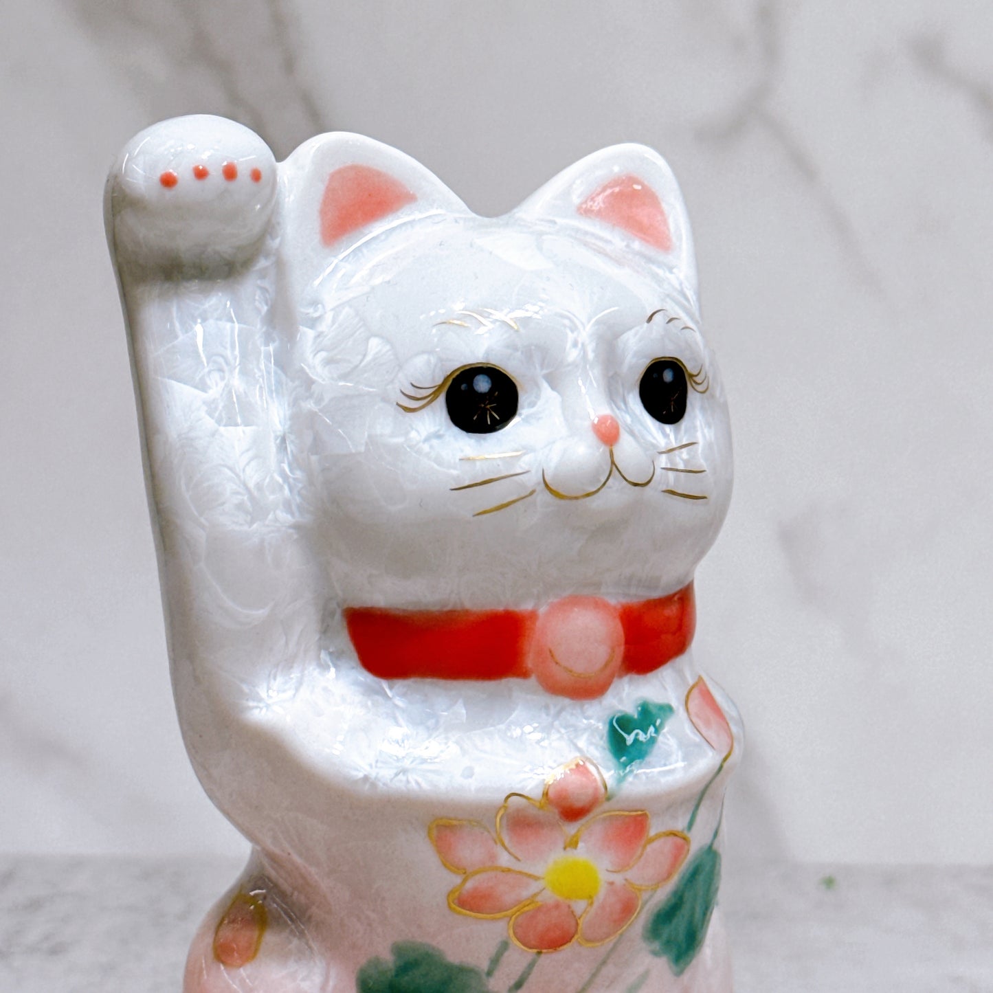 日本清水燒招財貓 花結晶 桃白 体花
