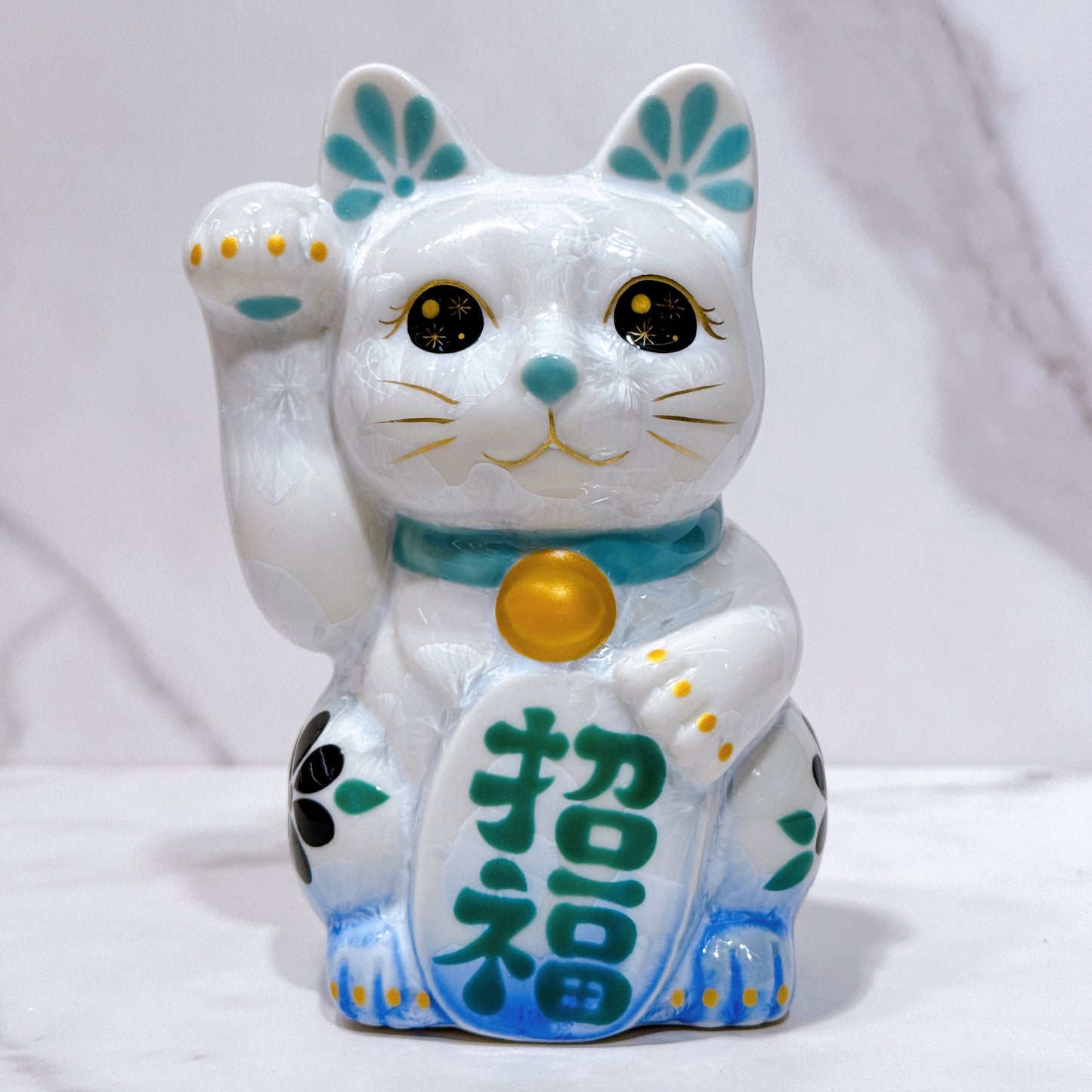 日本清水燒招財貓 花結晶 青白 体花 招福 右