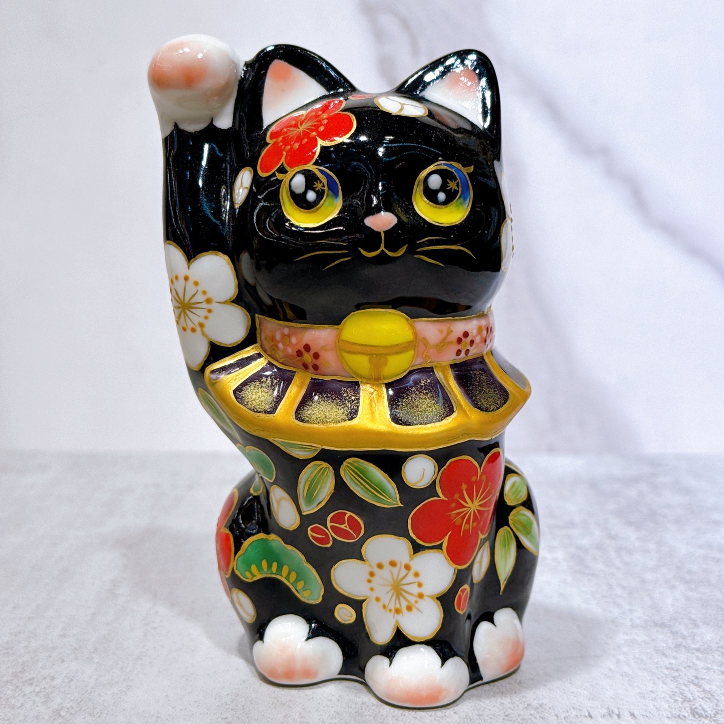 日本清水燒招財貓 色繪 黑地 松竹梅