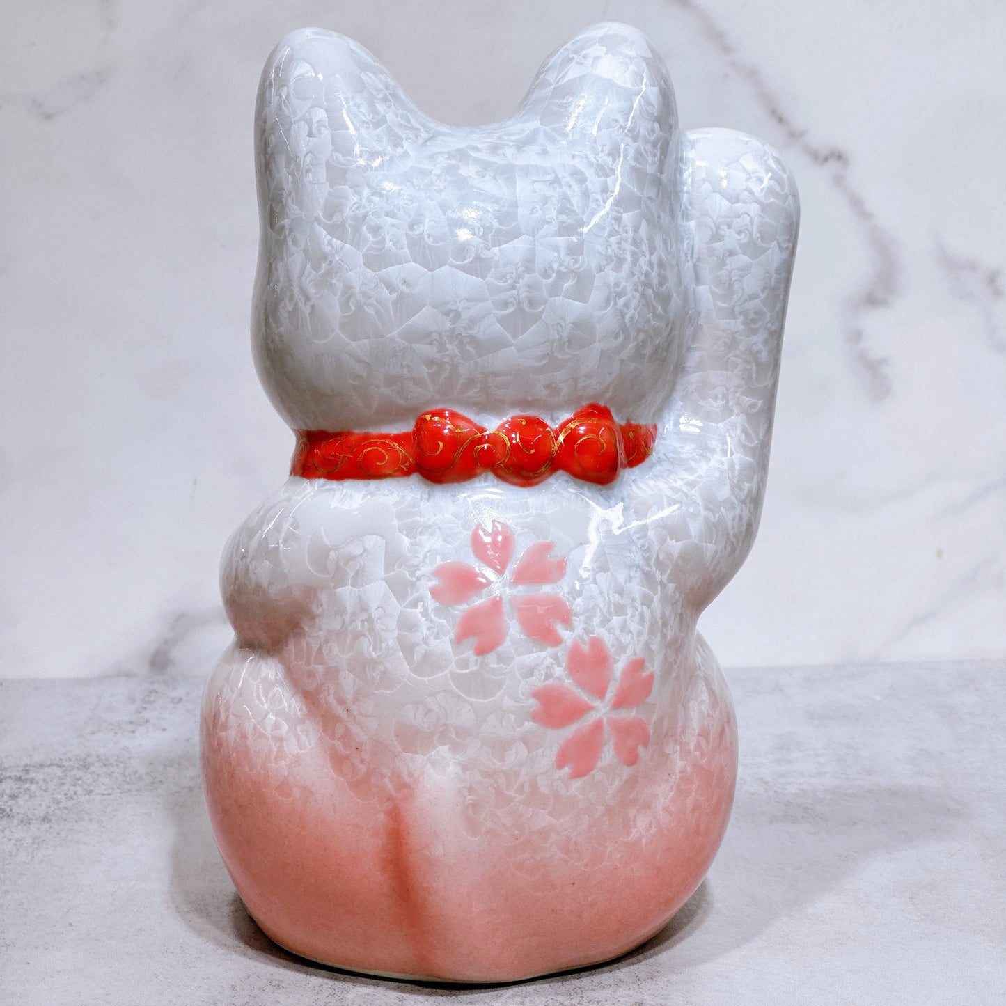 日本清水燒招財貓 花結晶 桃白 体花 特大 右