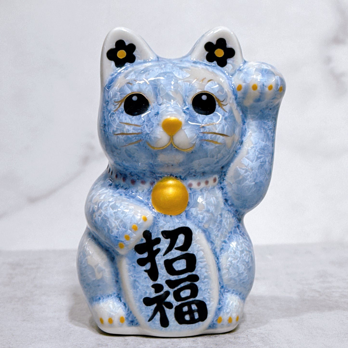 日本清水燒招財貓 花結晶 銀藤 左 特小