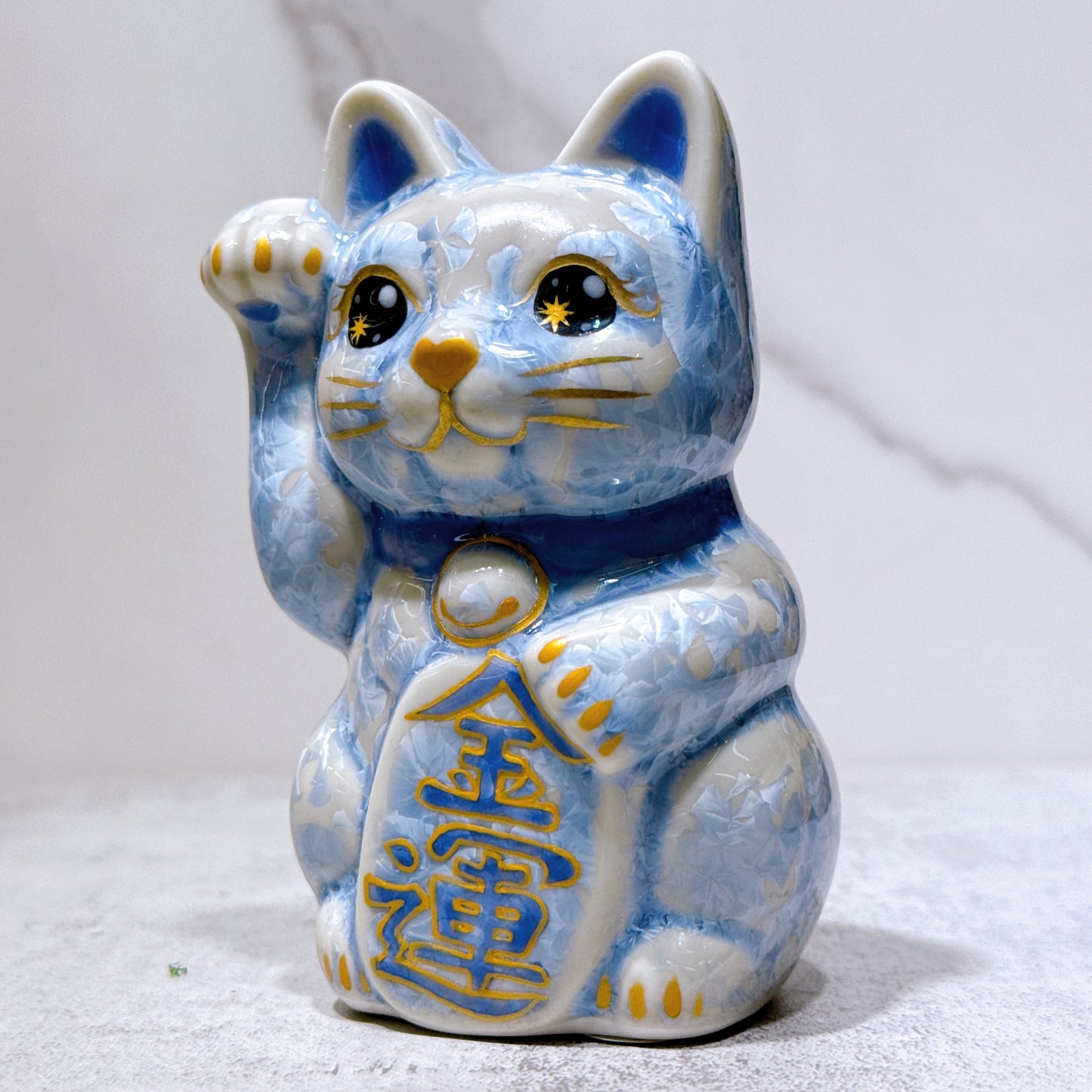日本清水燒招財貓 花結晶 銀藤 金運 右 特小