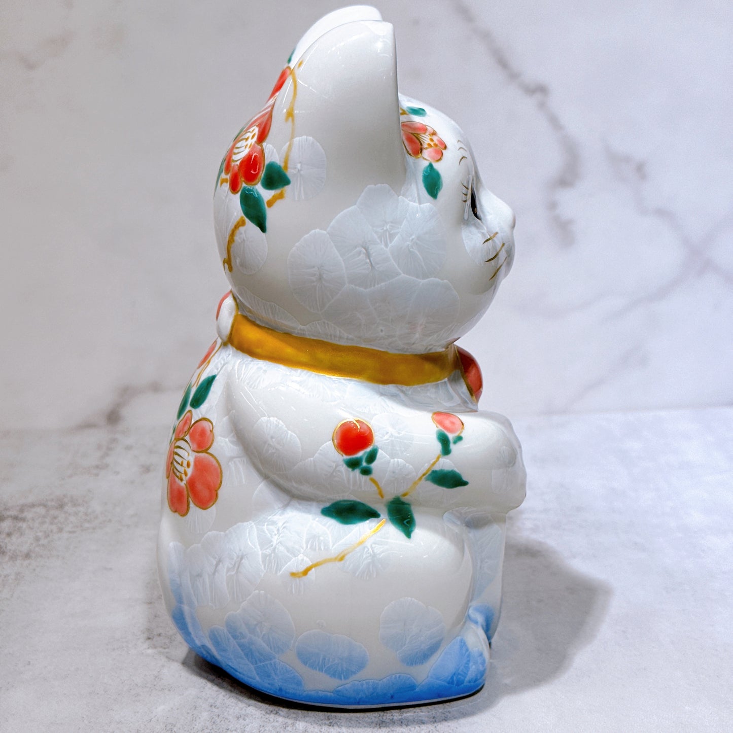 日本清水燒招財貓 花結晶 青白 千万両 体花 特大 左