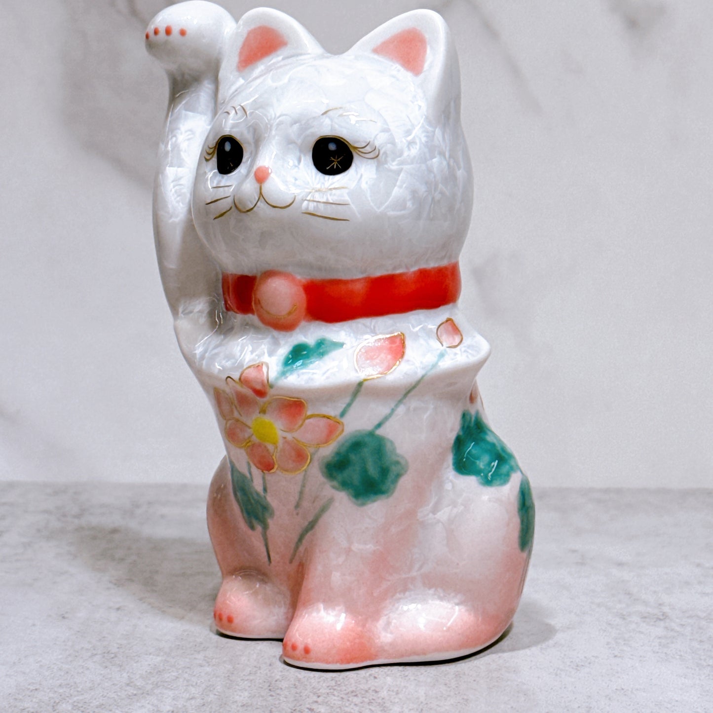日本清水燒招財貓 花結晶 桃白 体花