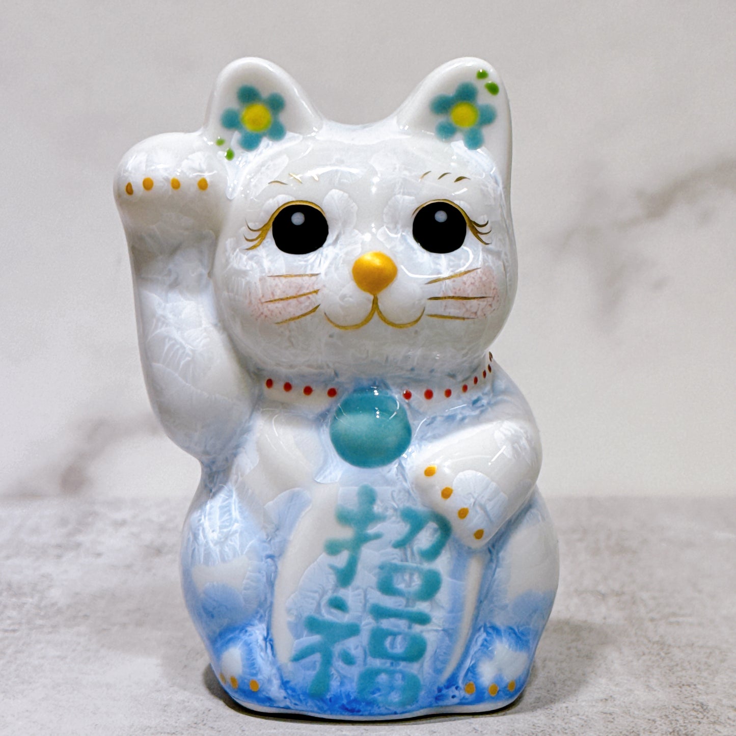 日本清水燒招財貓 花結晶 青白 右 特小