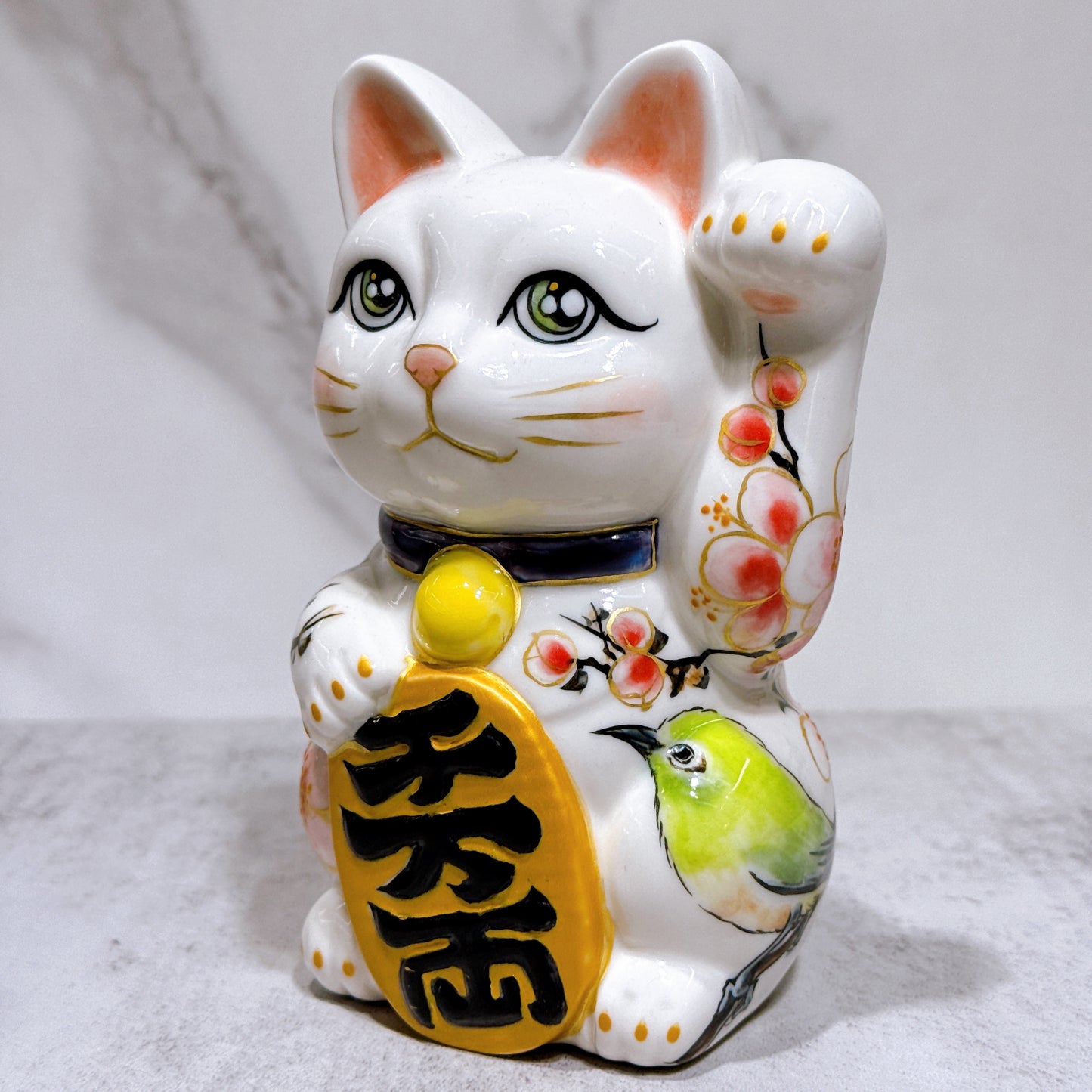 日本清水燒招財貓 色繪 梅花草鳥