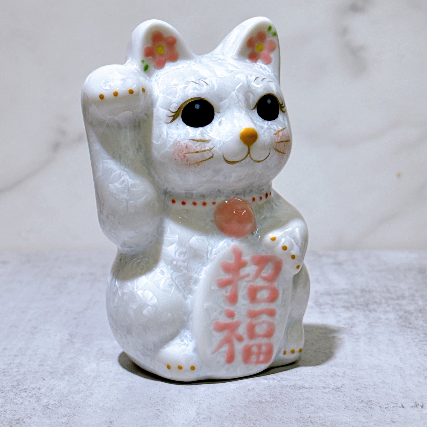 日本清水燒招財貓 花結晶 白 招福 右 特小