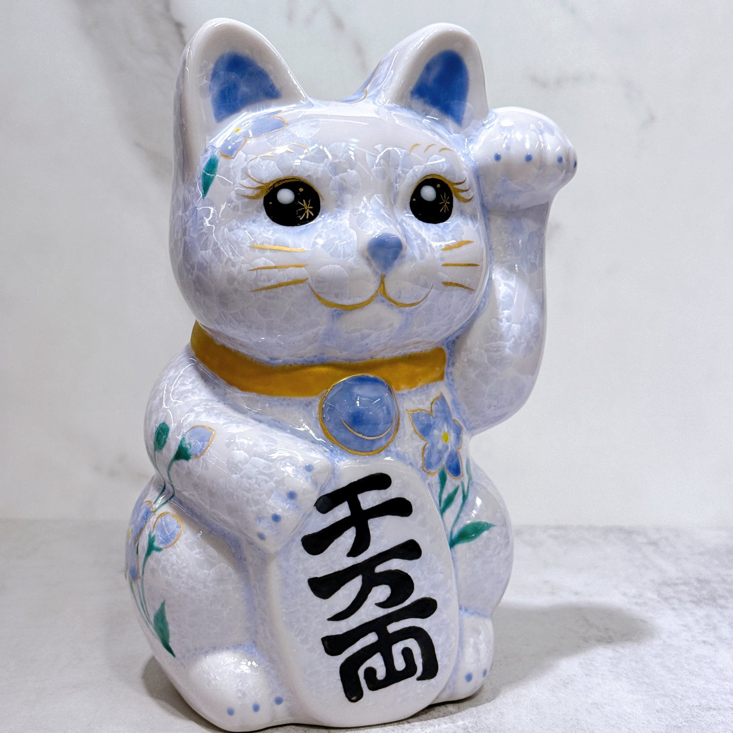 日本清水燒招財貓 花結晶 藤 億万両 体花 特大 左