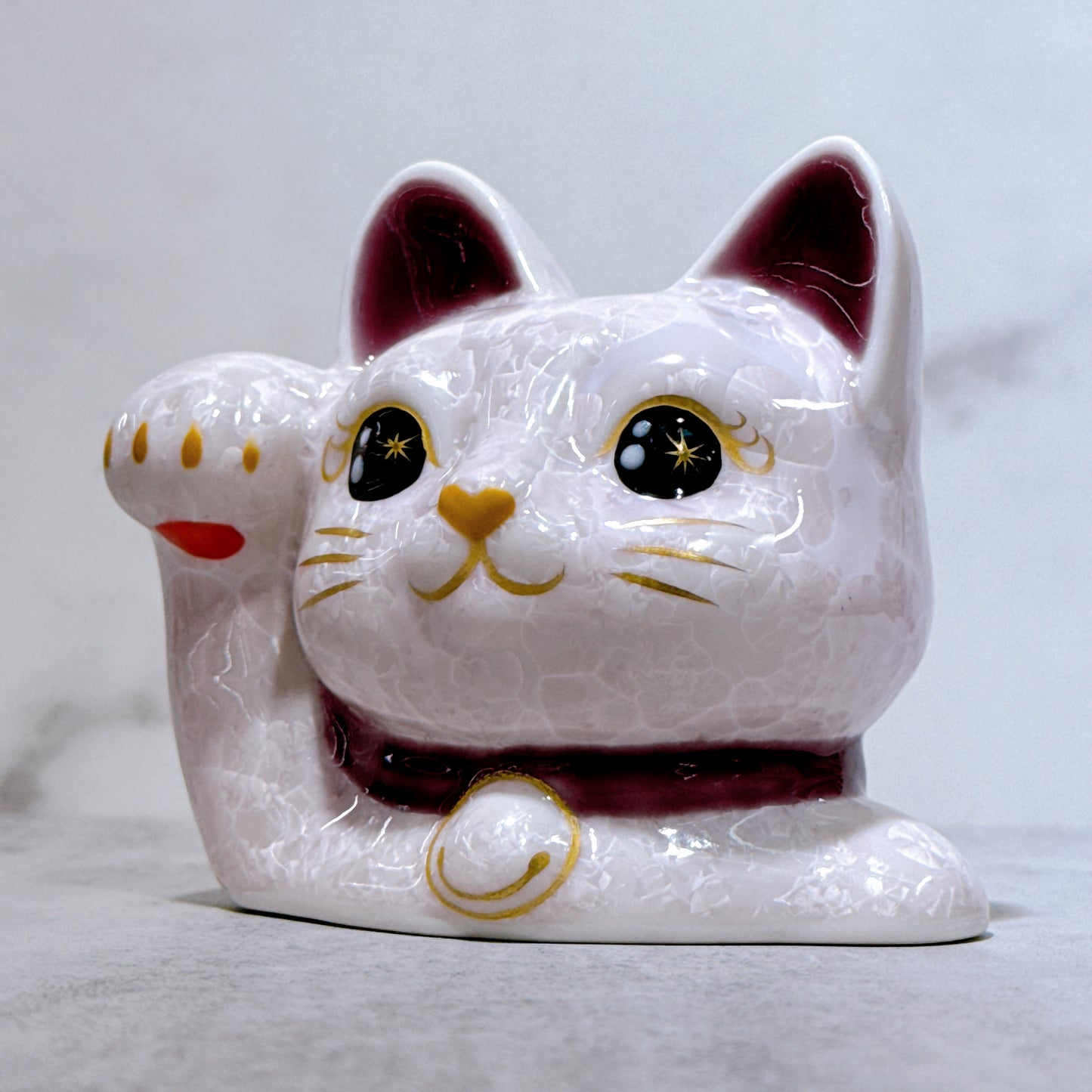 日本清水燒招財貓 貓半身 花結晶 桃