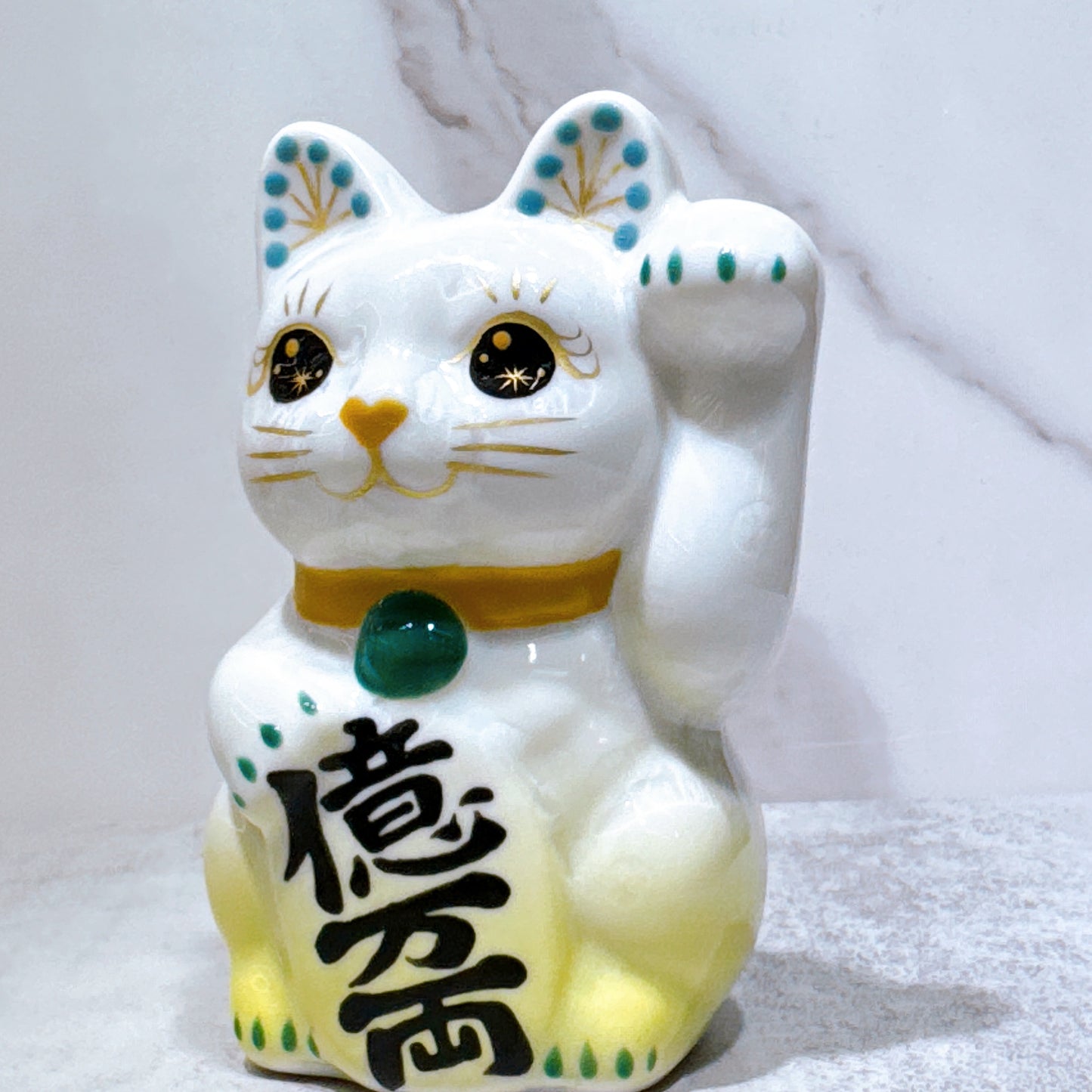 日本清水燒招財貓 花結晶 黃白 億萬両 左 特小