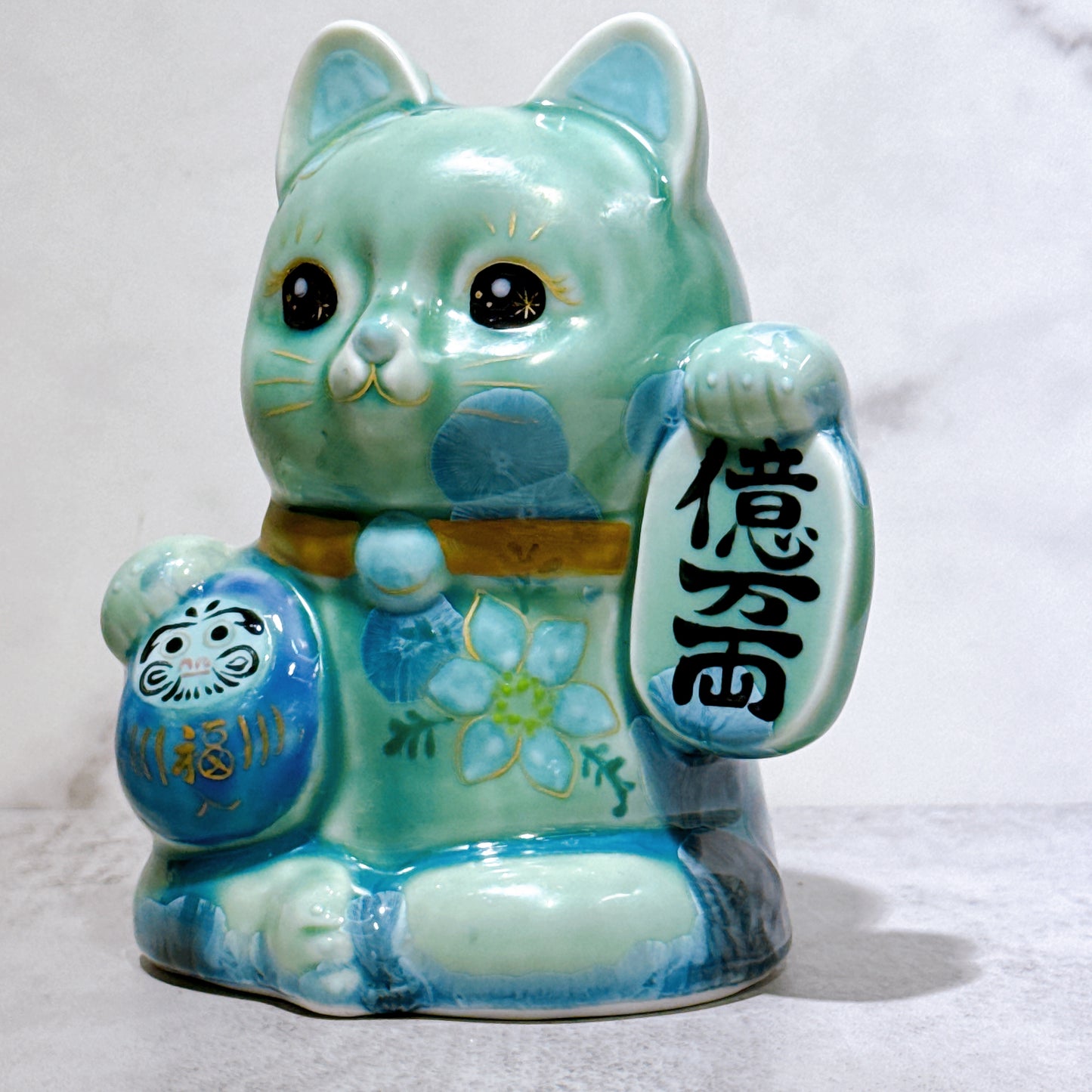 日本清水燒招財貓 達摩 花結晶 綠 億万両