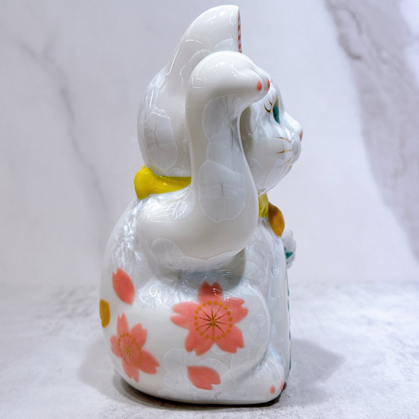 日本清水燒招財貓 花結晶 白 体花 億万両 右