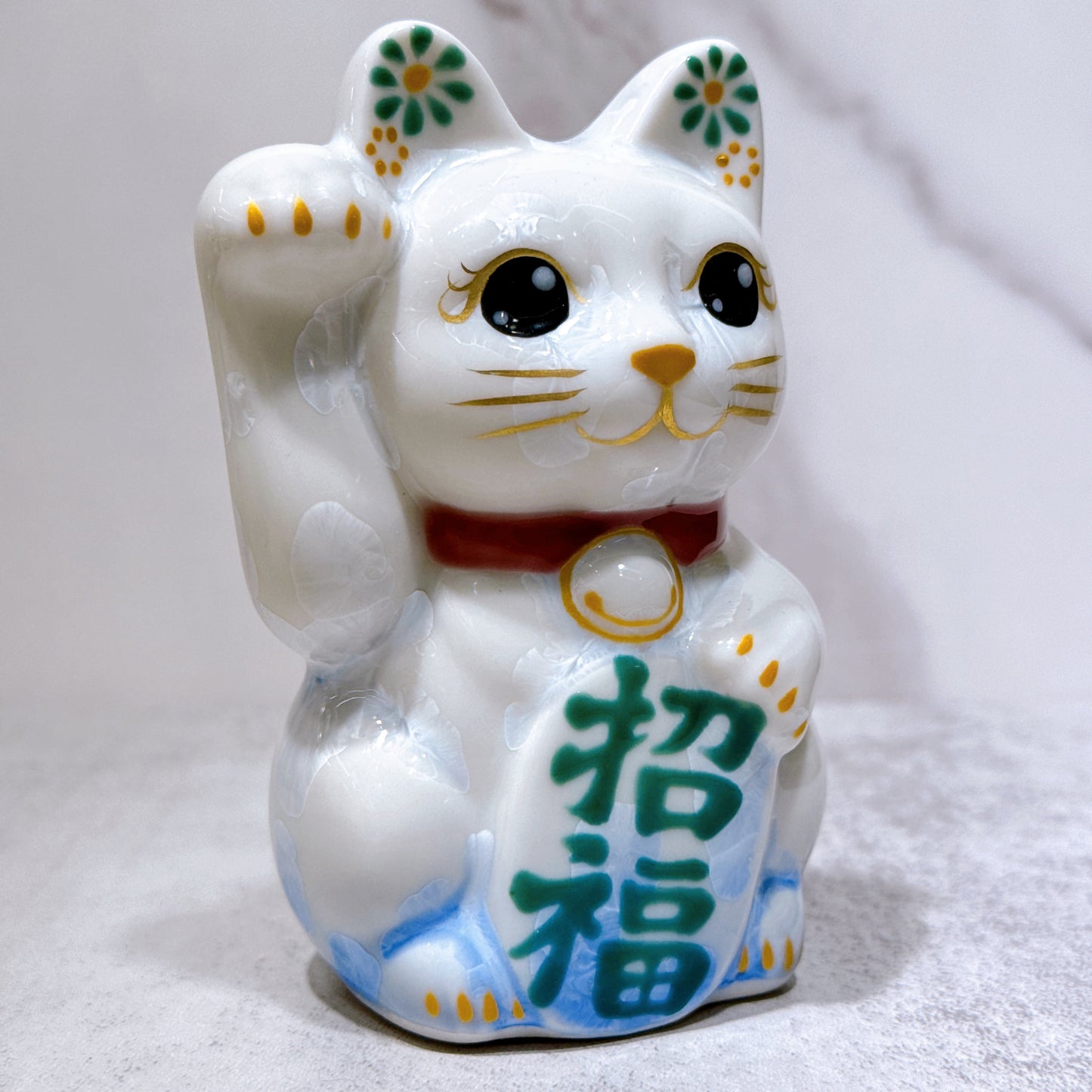 日本清水烧招财猫花结晶青白招福右特小