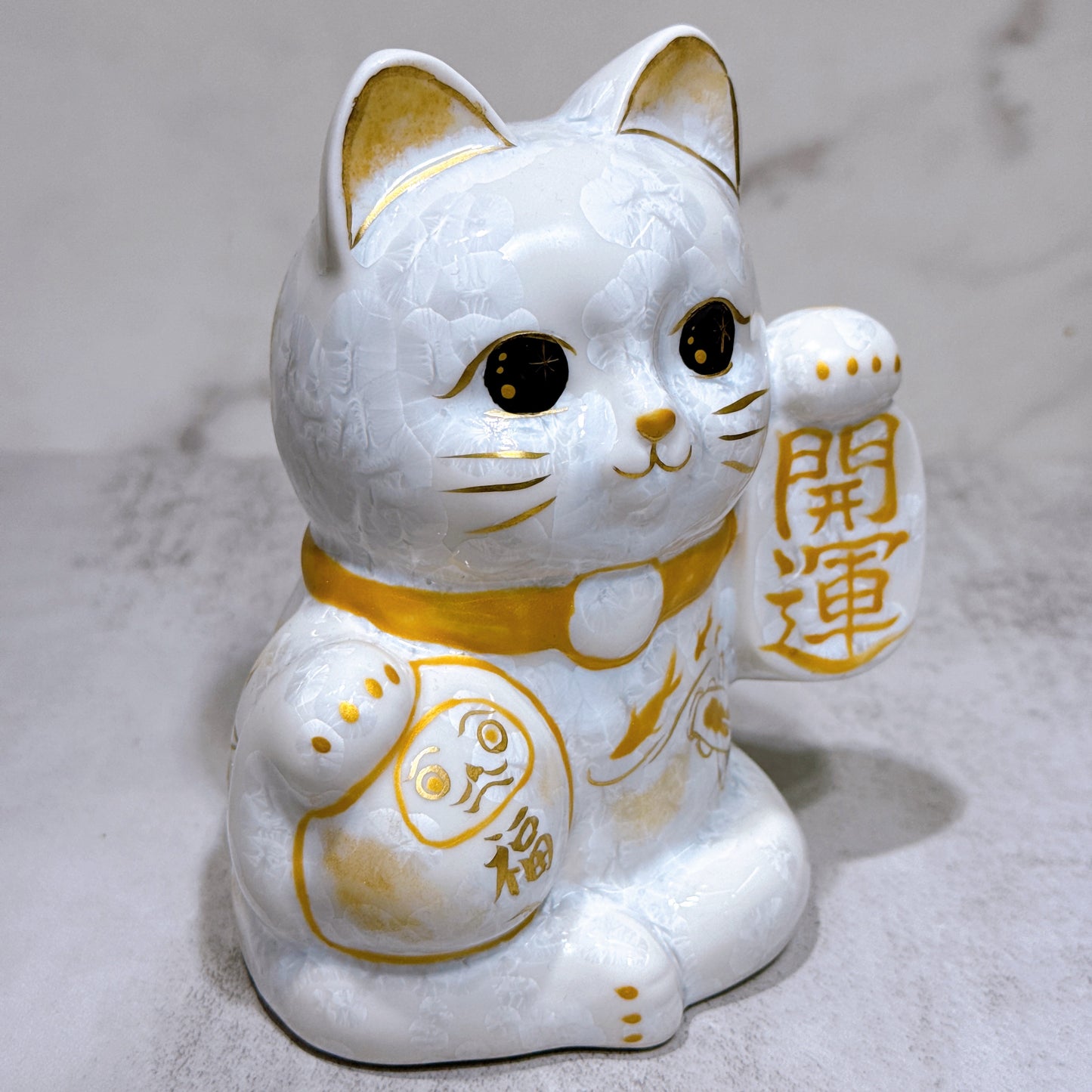 日本清水燒招財貓 達摩 花結晶 白 体花