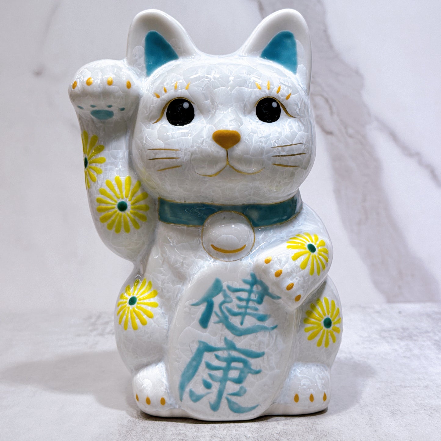日本清水燒招財貓 花結晶 白 健康 特大 右
