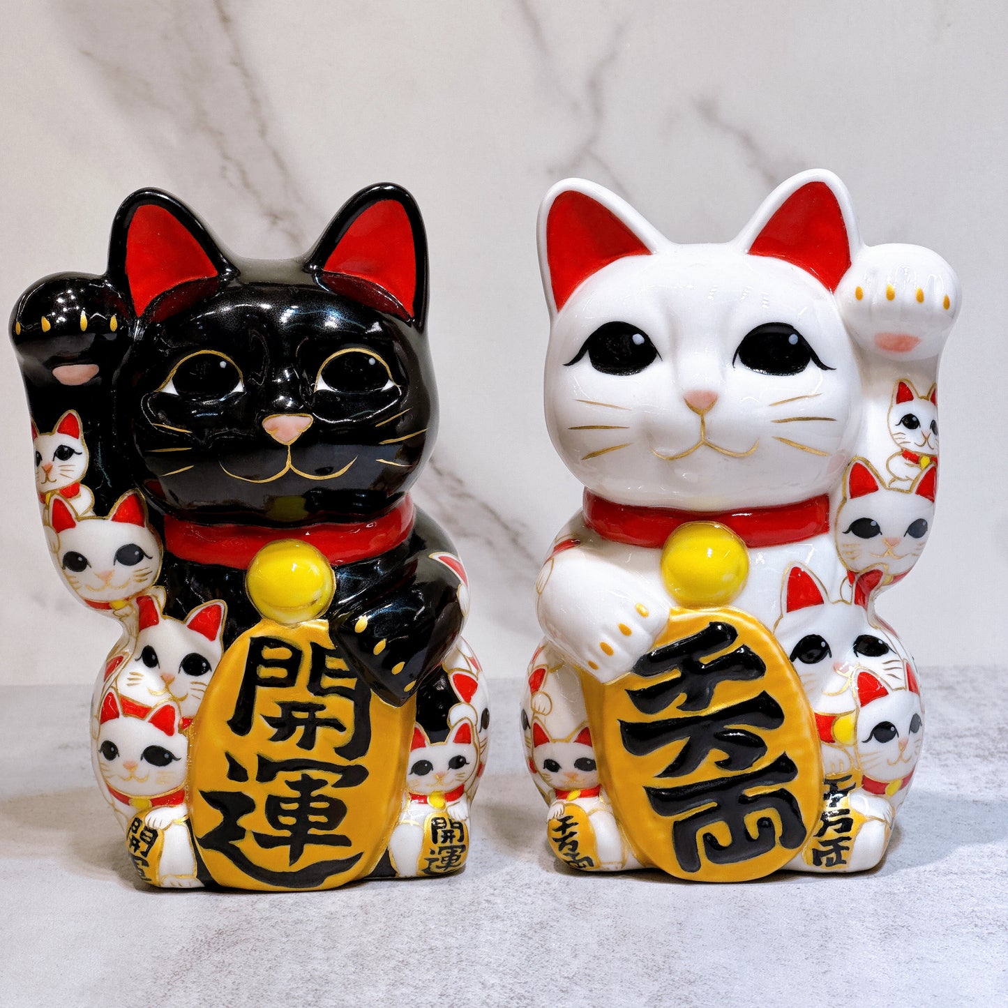 日本清水燒招財貓 仫繪 白地貓陣