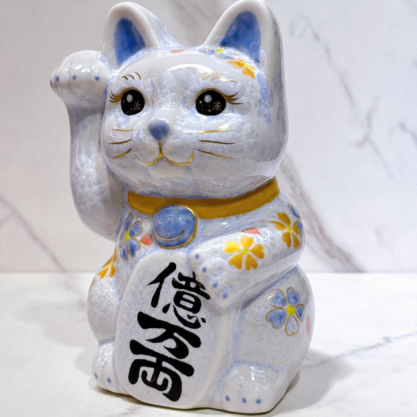 日本清水燒招財貓 花結晶 藤 億万両 体花 特大 右