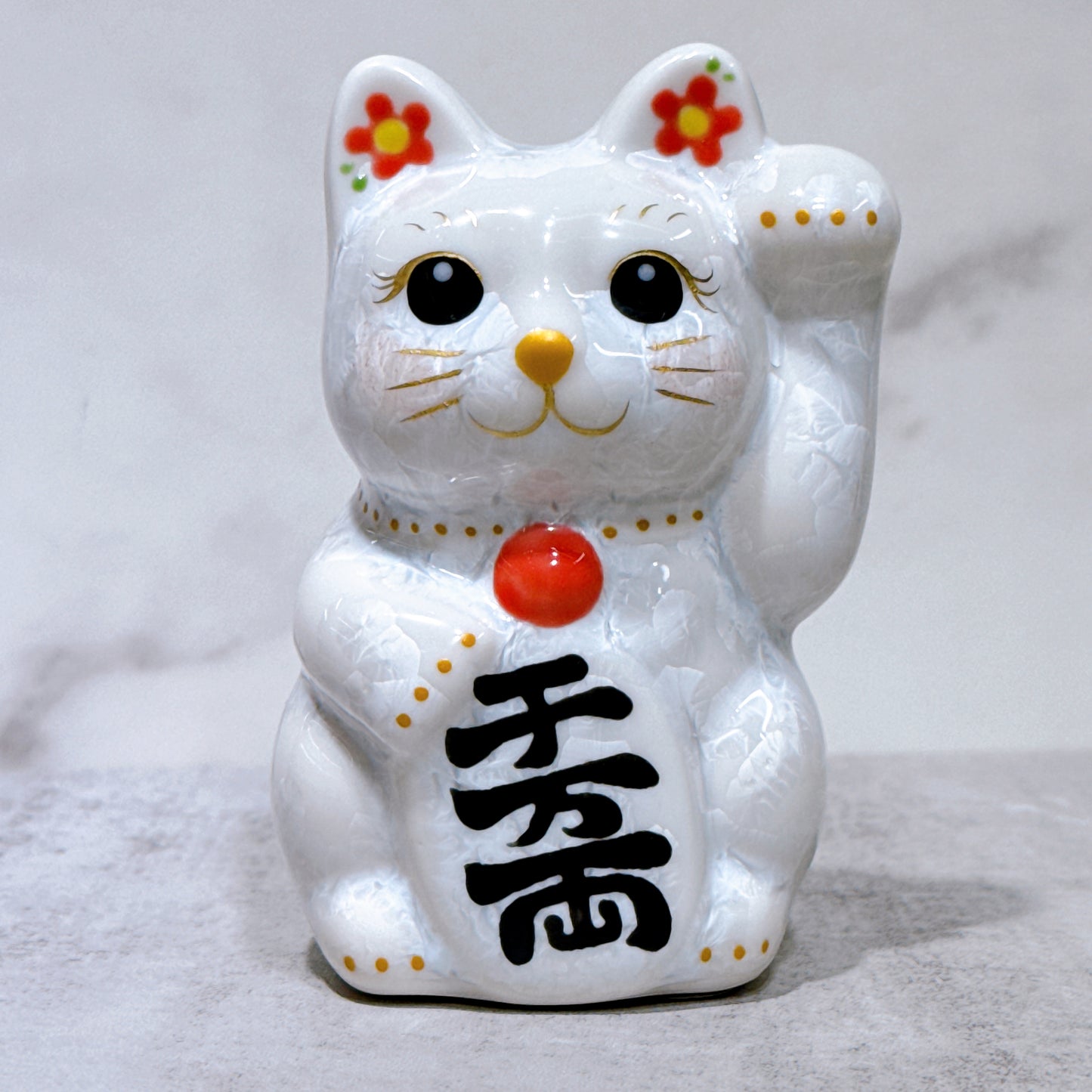 日本清水燒招財貓 花結晶 白 招福 左 特小