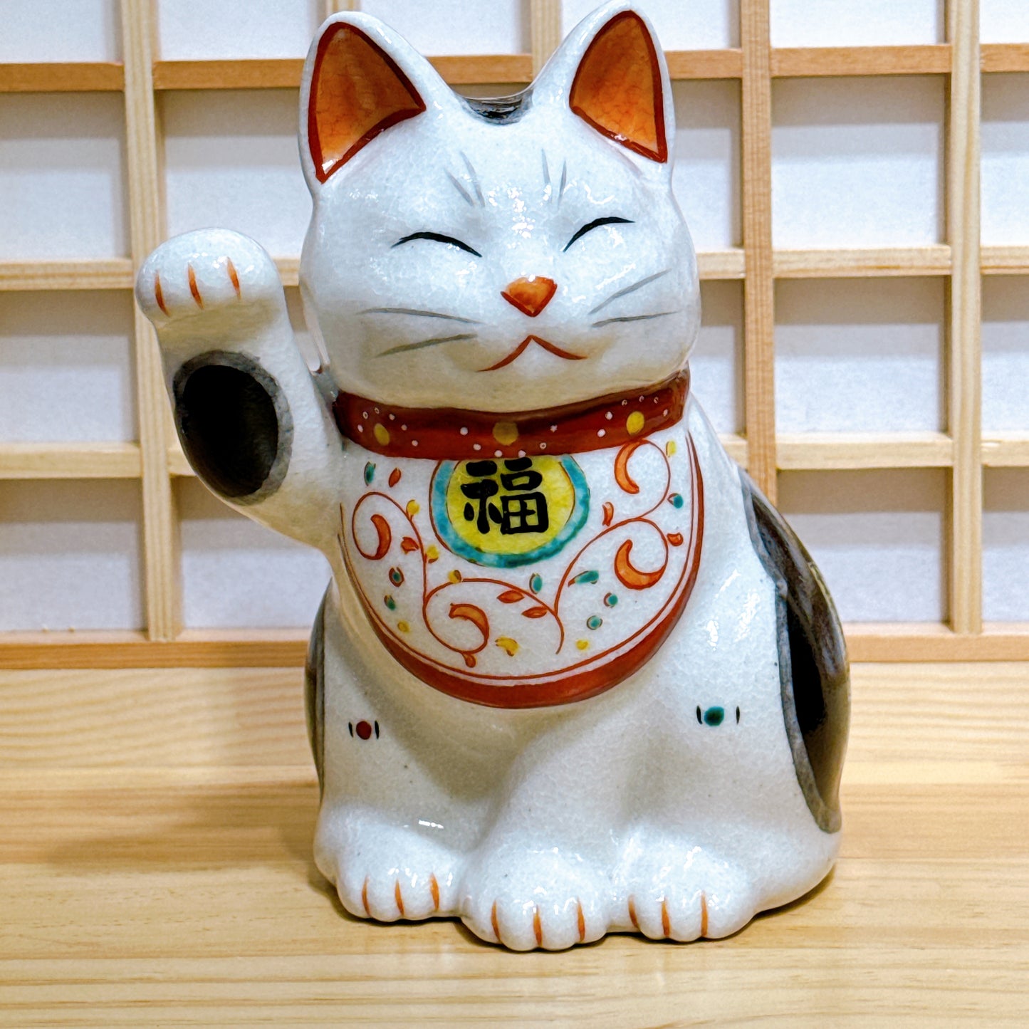 日本陶彩万福唐草招財貓 中