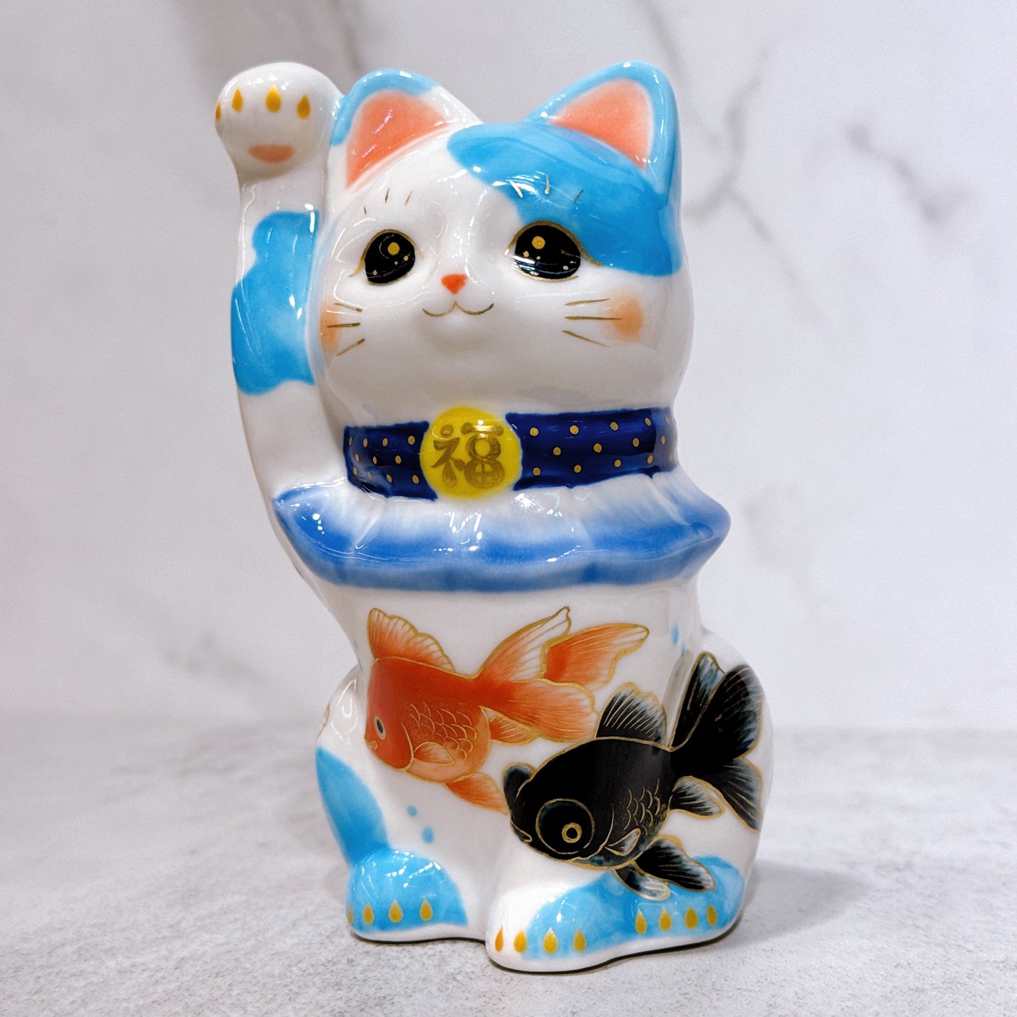 日本清水燒招財貓 色繪 洋水鯉