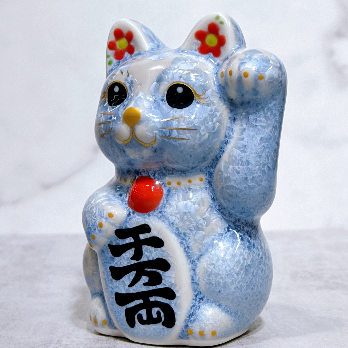 日本清水燒招財貓 花結晶 銀藤 左 特小