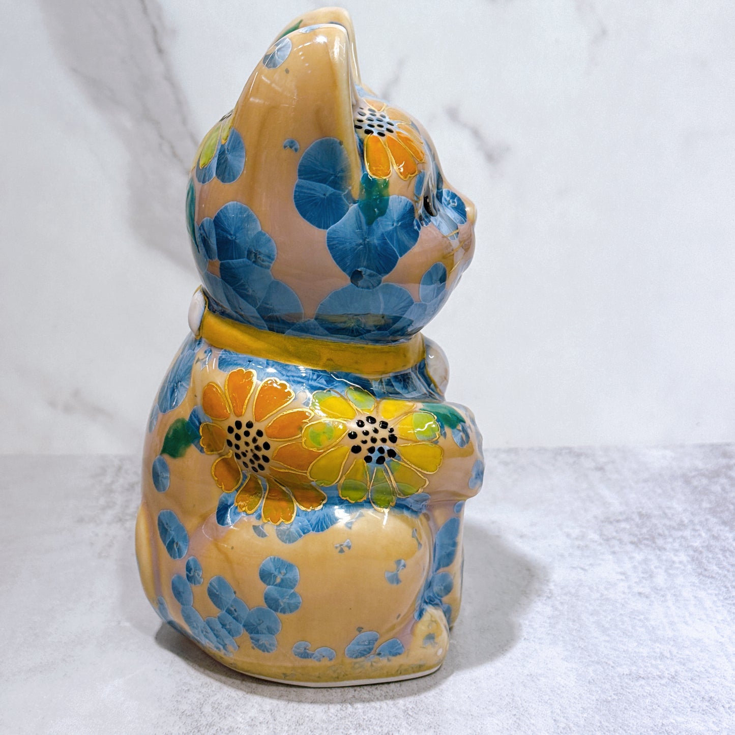日本清水燒招財貓 花結晶 灰青 億万両 体花 特大 左