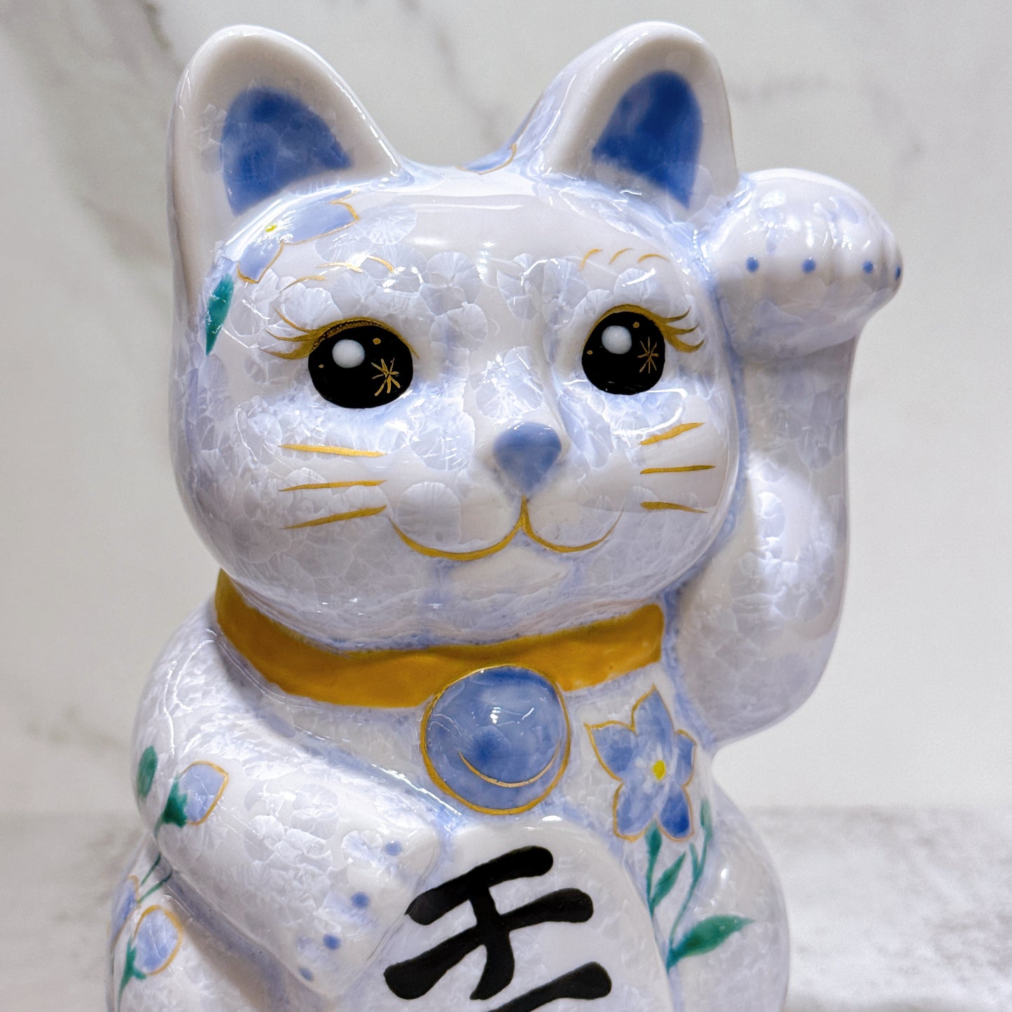 日本清水燒招財貓 花結晶 藤 億万両 体花 特大 左