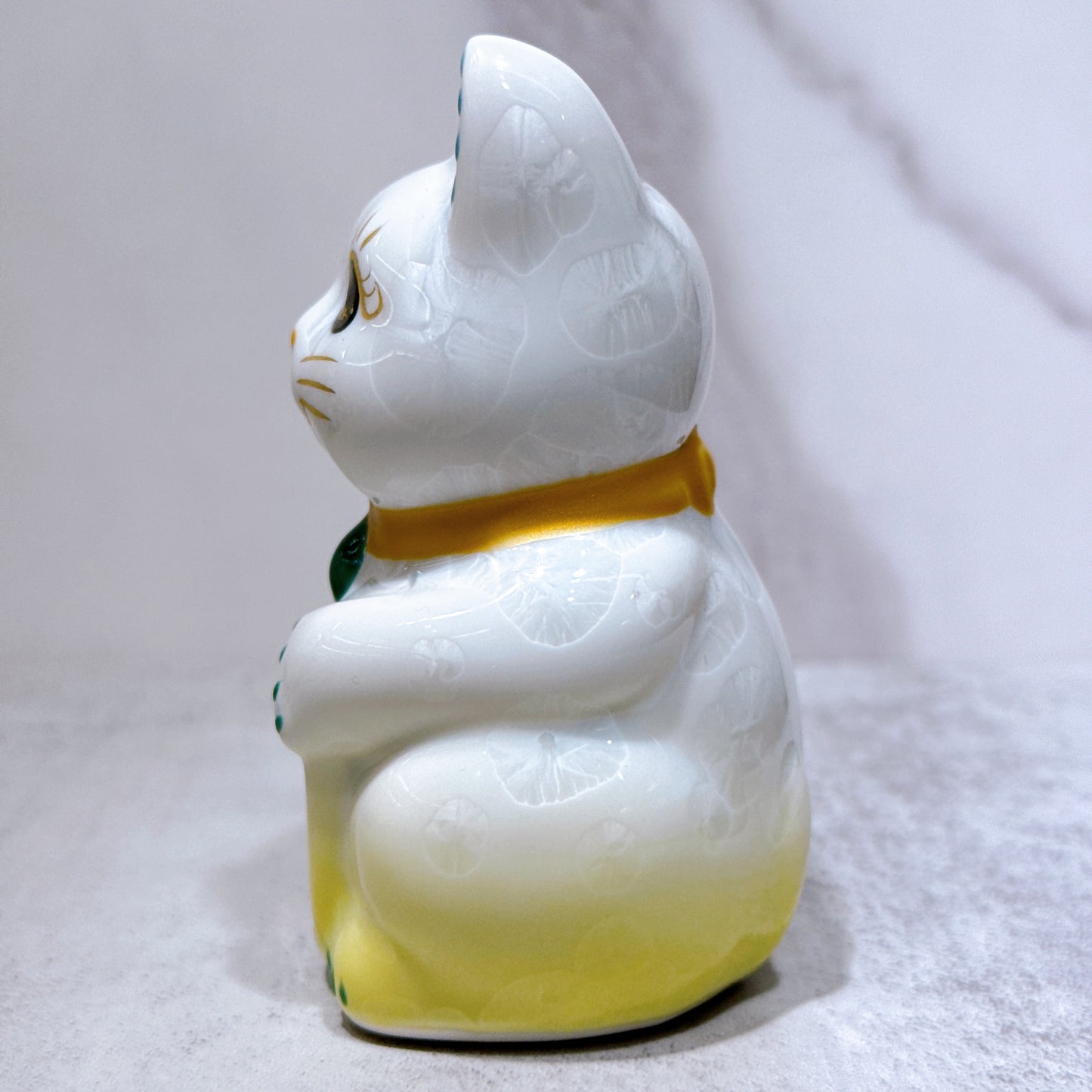 日本清水燒招財貓 花結晶 黃白 招福 右 特小