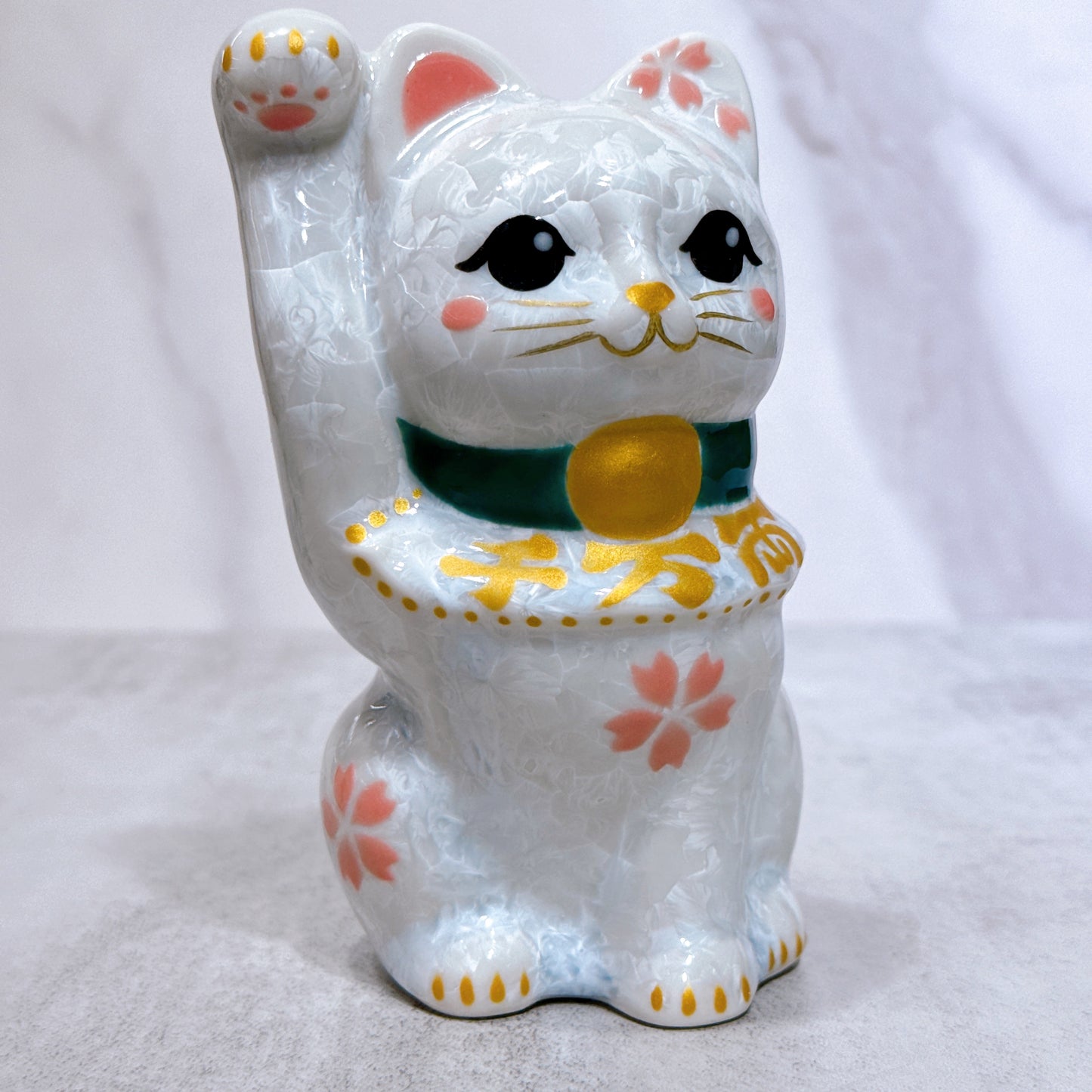 日本清水燒招財貓 花結晶 白 千万両