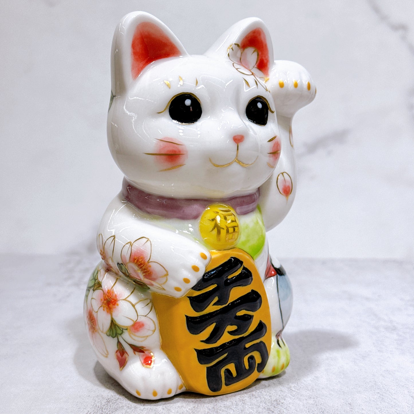 日本清水燒招財貓 色繪 白地花鳥