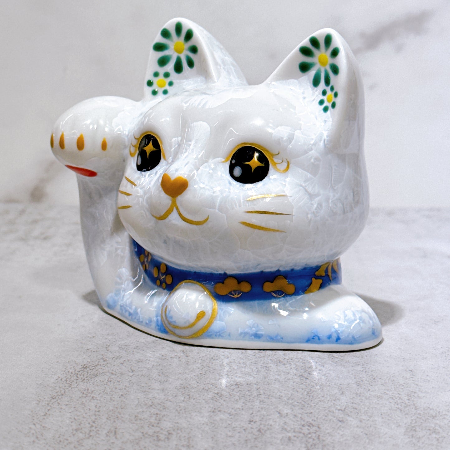 日本清水燒招財貓 貓半身 花結晶 青白