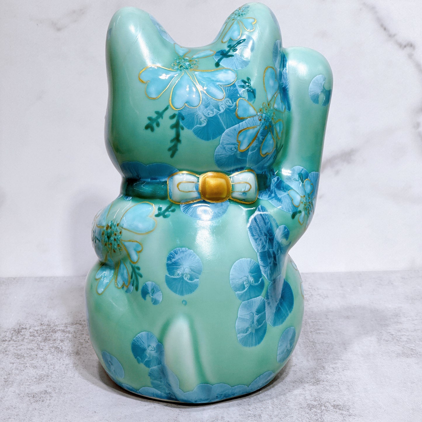 日本清水燒招財貓 花結晶 綠 億万両 体花 特大 右