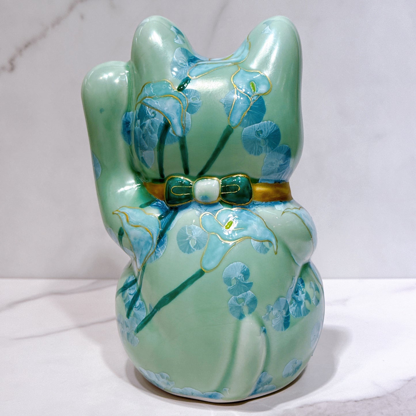 日本清水燒招財貓 花結晶 綠 体花 千万両 特大 左